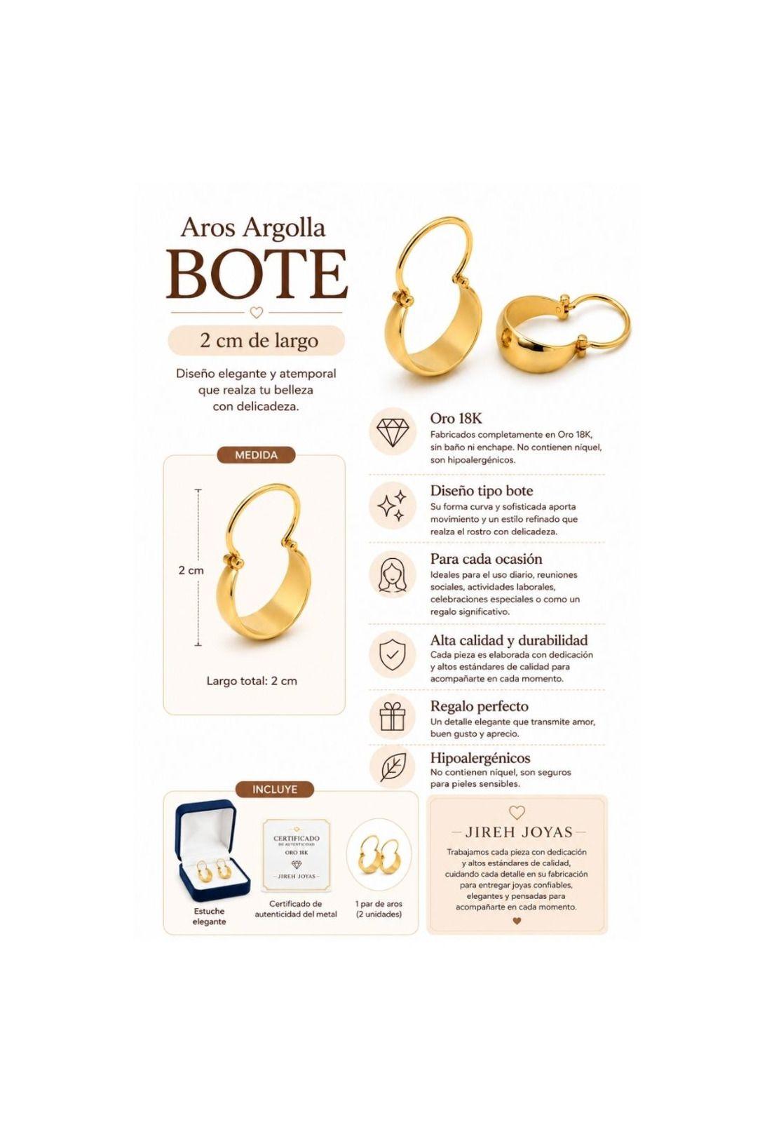 Aros Argolla Bote Largo 2cm No2 Oro 18k Nacional 1.70gr Dorado-6