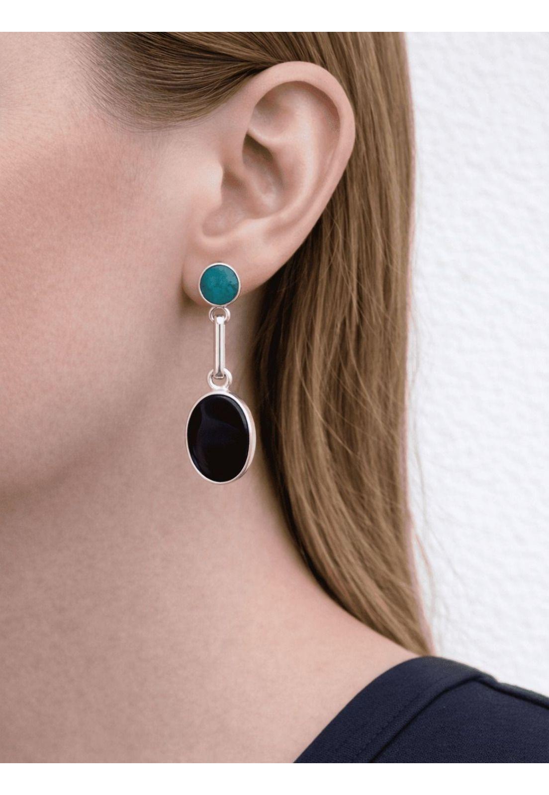 Aros Turquesa Ónix Ovalado Plata 950 Colgantes Mujer Elegantes Piedra Negra Azul.-2