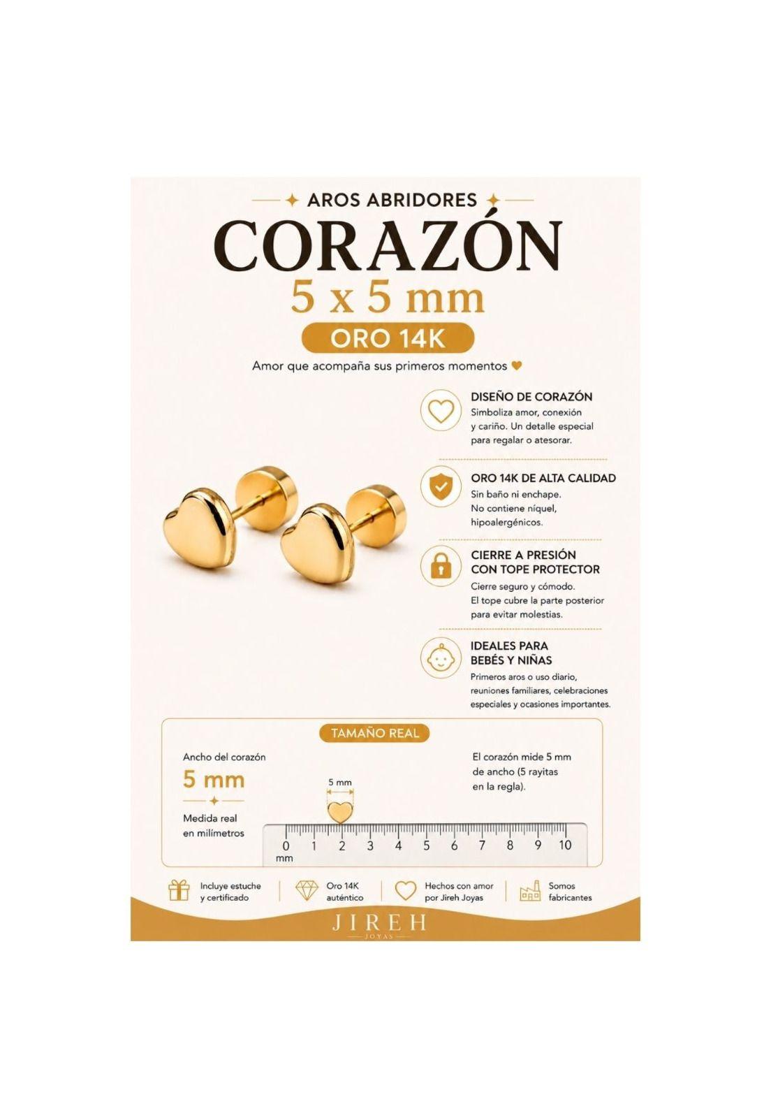 Aros Abridores Corazón 5x5mm Oro 14k Bebé Niña Hipoalergénic Dorado-5