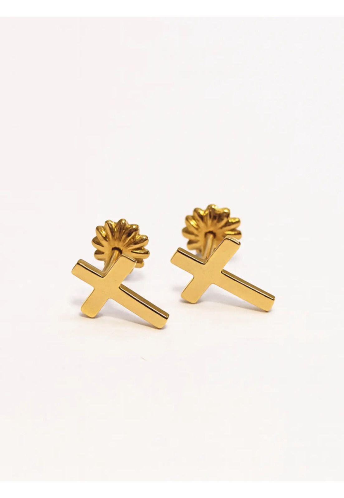 Aros Cruz Oro 18k Atornillado 1gr Unisex Hipoalergénicos Dorado-2