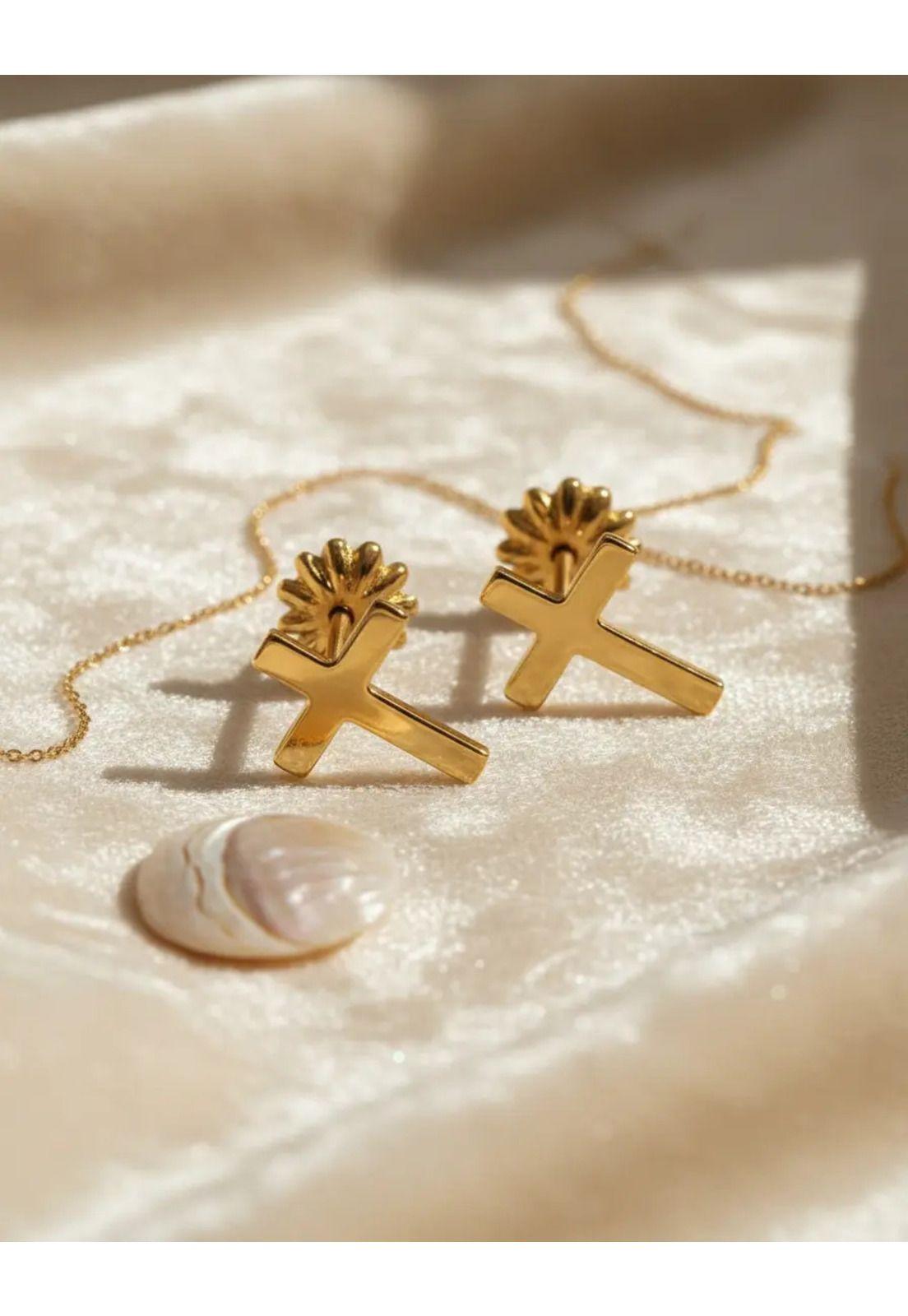 Aros Cruz Oro 18k Atornillado 1gr Unisex Hipoalergénicos Dorado-3