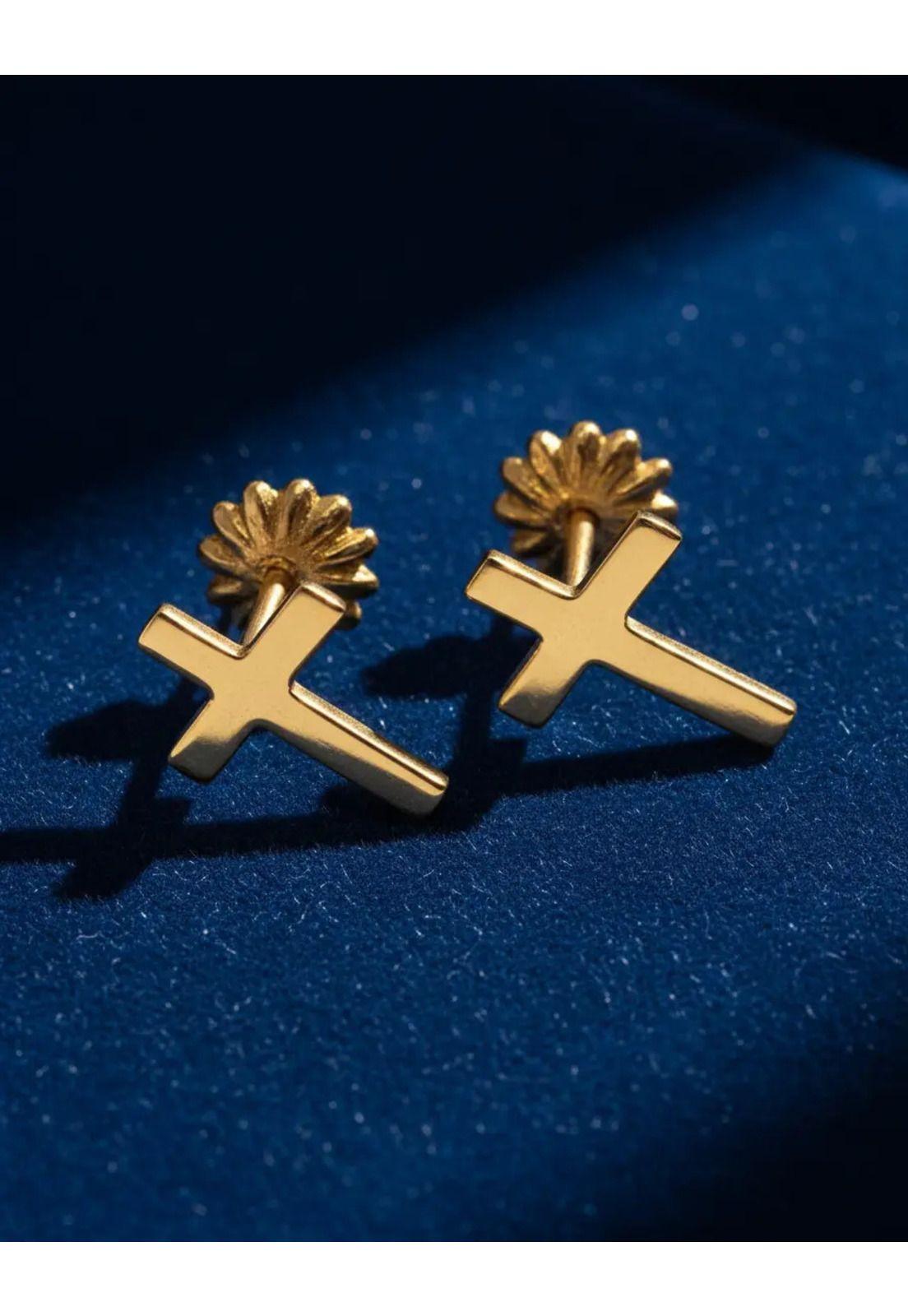 Aros Cruz Oro 18k Atornillado 1gr Unisex Hipoalergénicos Dorado-4