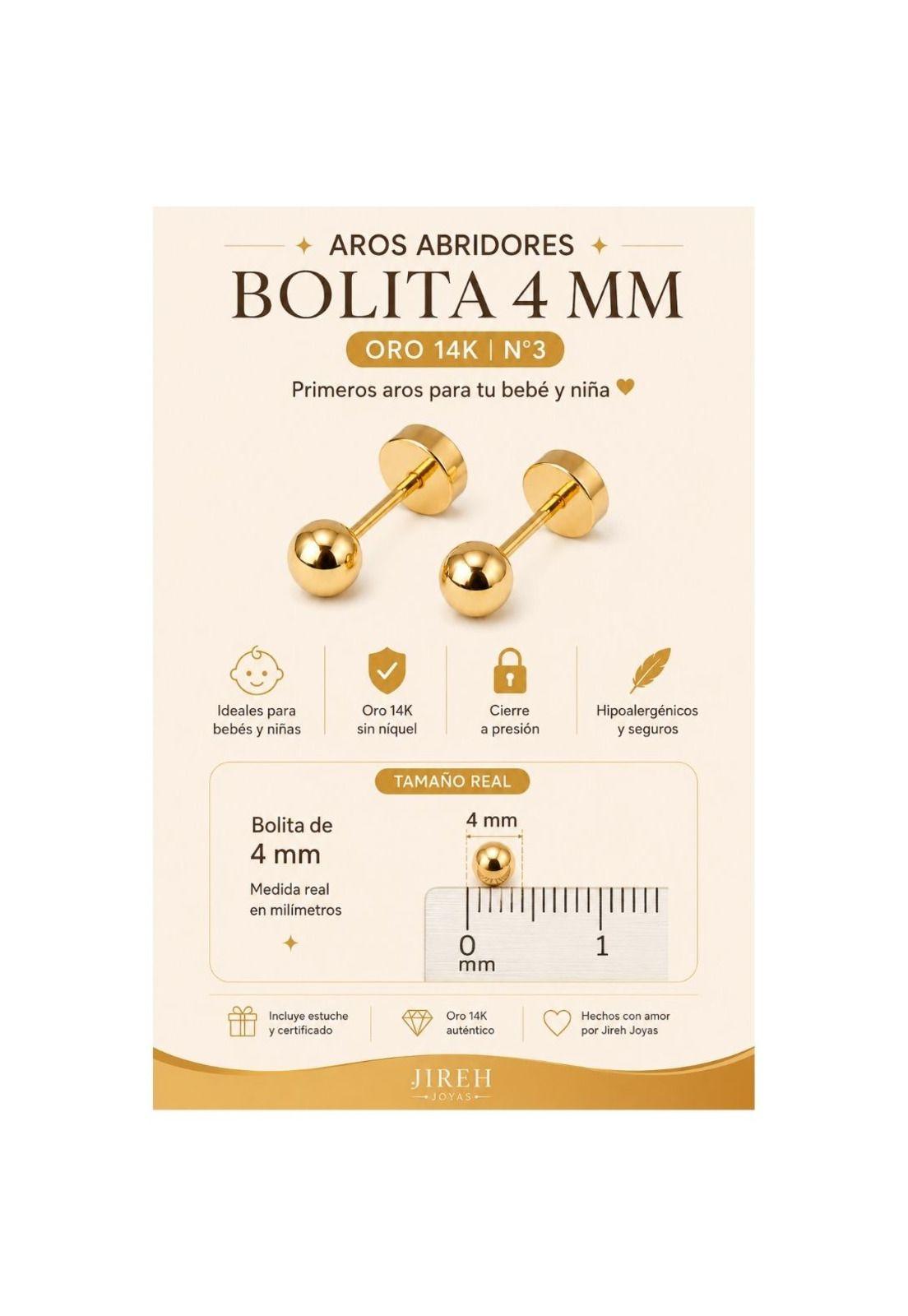 Aros Abridores Bolita 4mm N3 Oro 14k Bebé Niña Hipoalergénic Dorado-4
