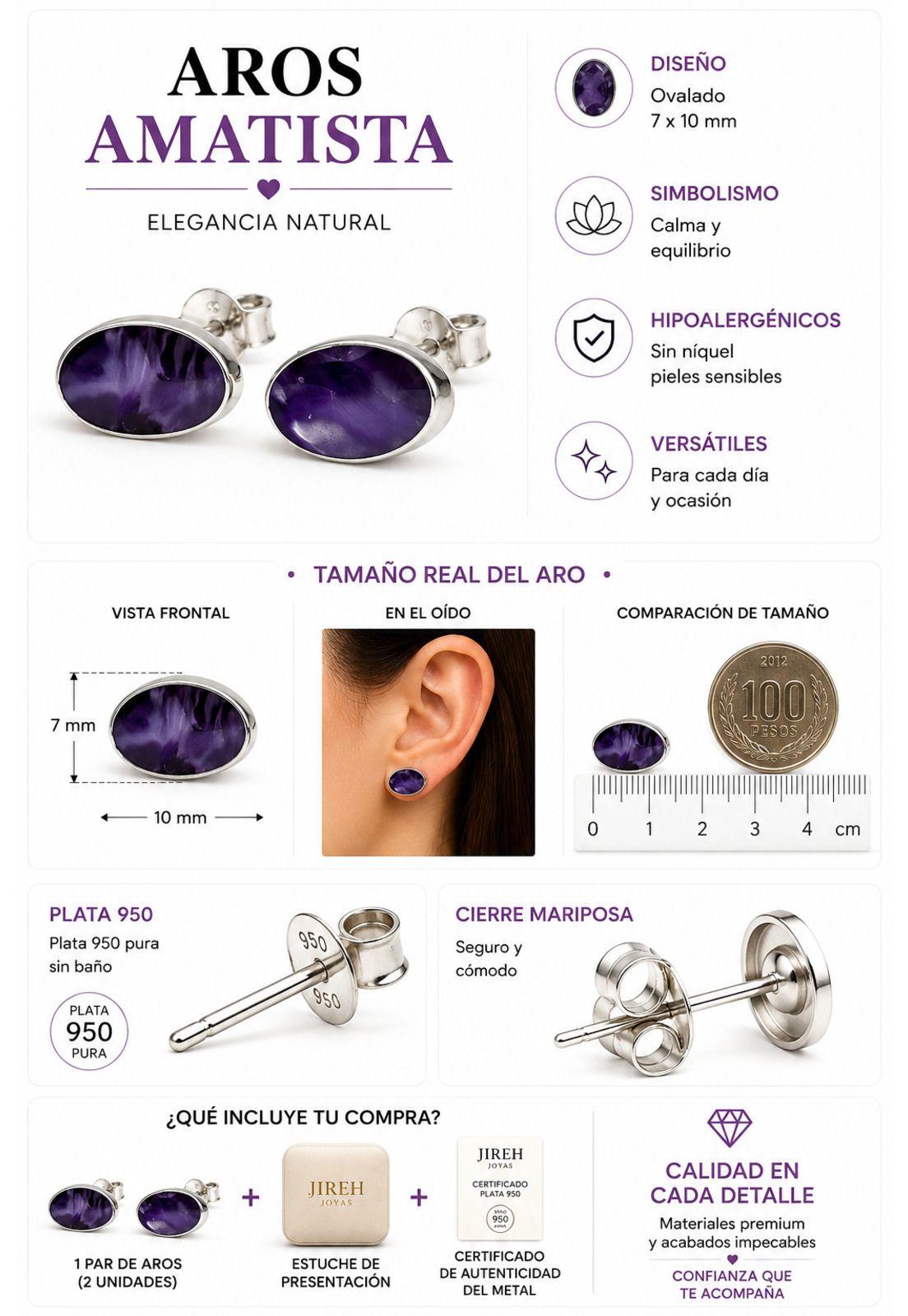 Aros Amatista Ovalado Plata 950 Mujer Elegantes Piedra Morado.-4