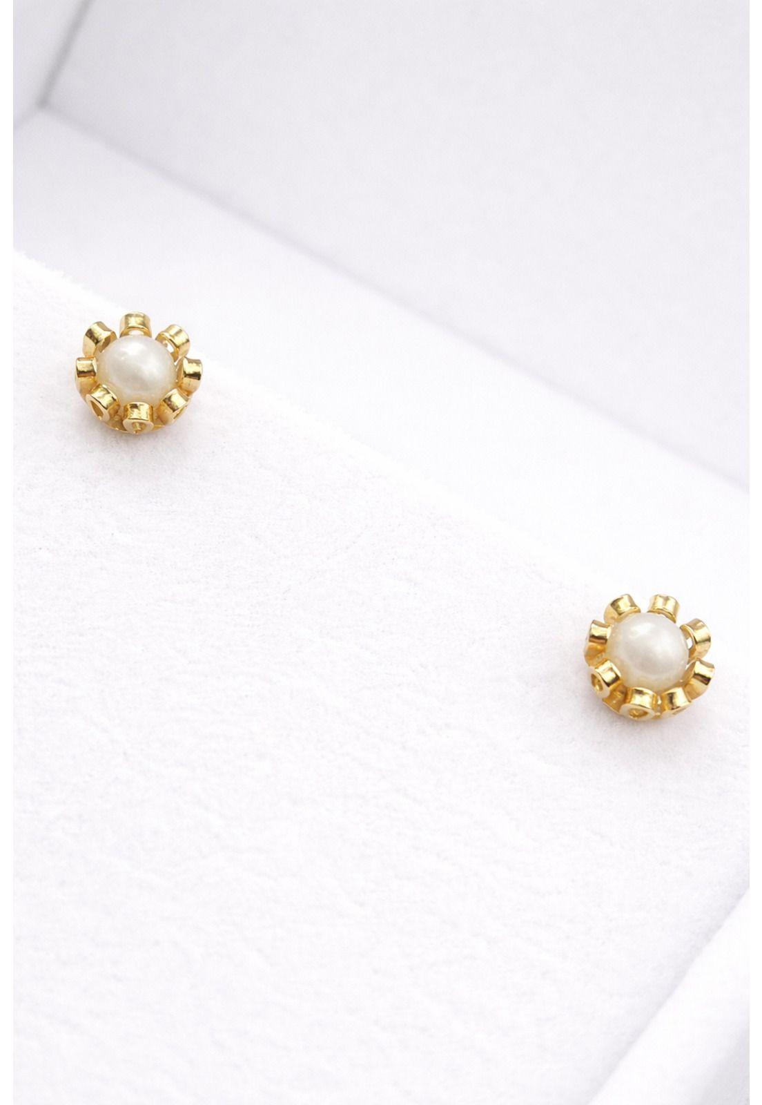 Aros Perla Río Blanca Cuello de Payaso 3mm Oro 18K Atornillado 1.1gr Niña Bebé.-3