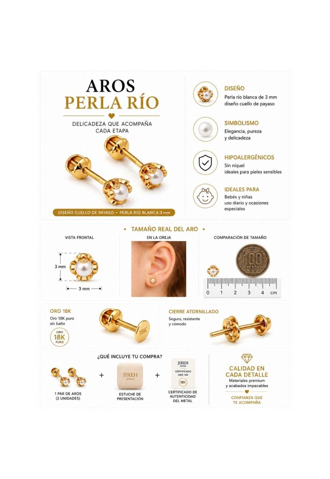 Aros Perla Río Blanca Cuello de Payaso 3mm Oro 18K Atornillado 1.1gr Niña Bebé.-4