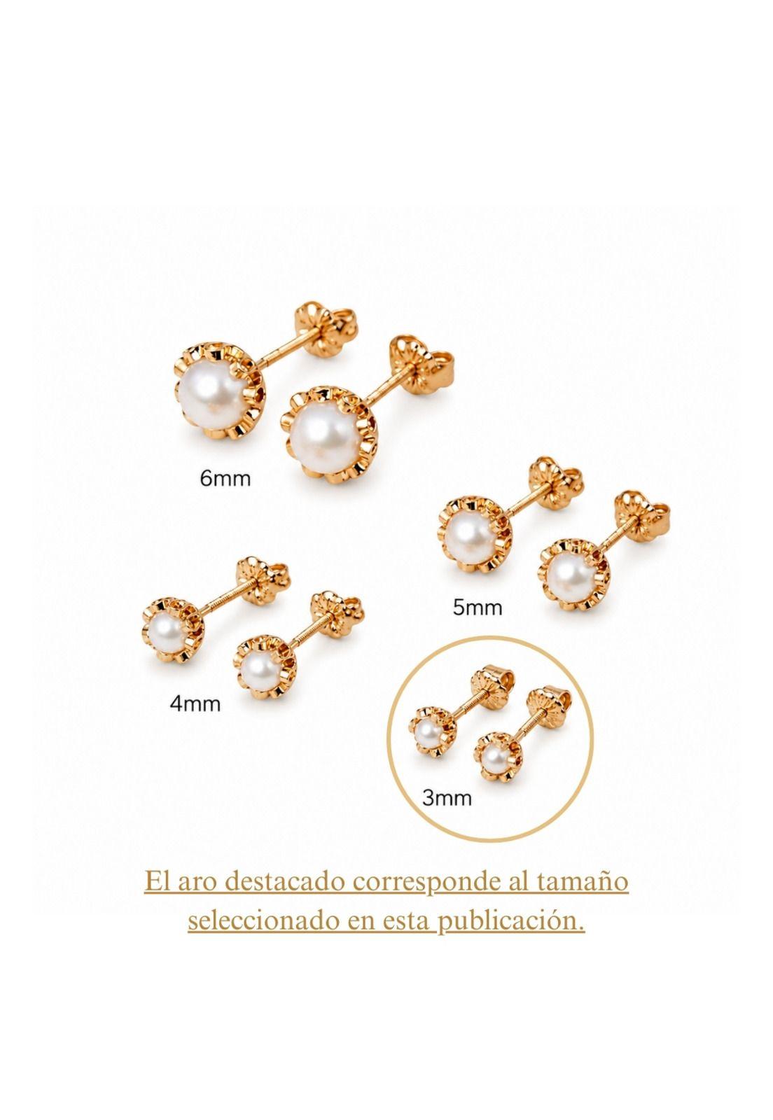 Aros Perla Río Blanca Cuello de Payaso 3mm Oro 18K Atornillado 1.1gr Niña Bebé.-5