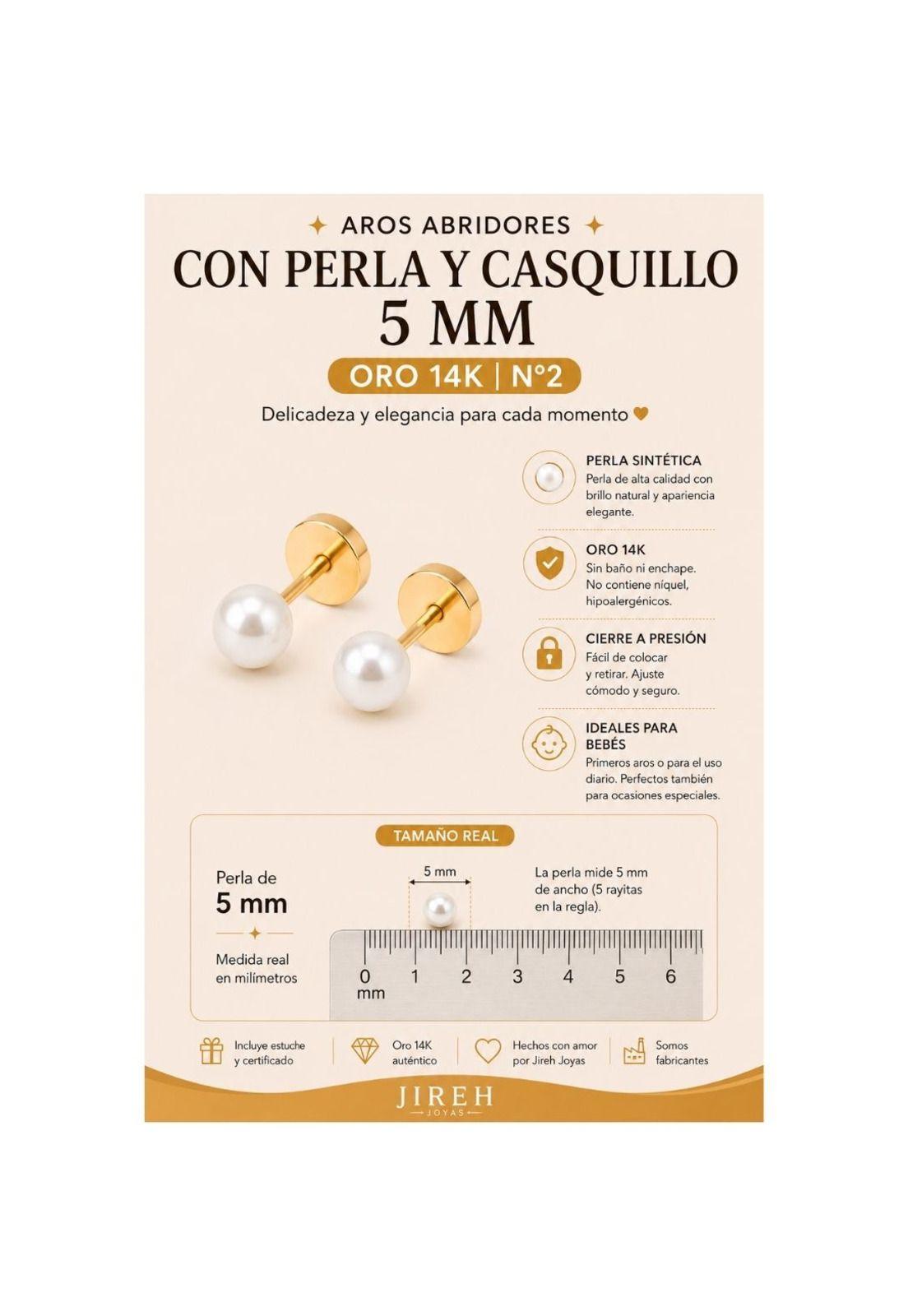 Aros Abridores Perla Casquillo 5mm N2 Oro 14k Bebé Dorado-5