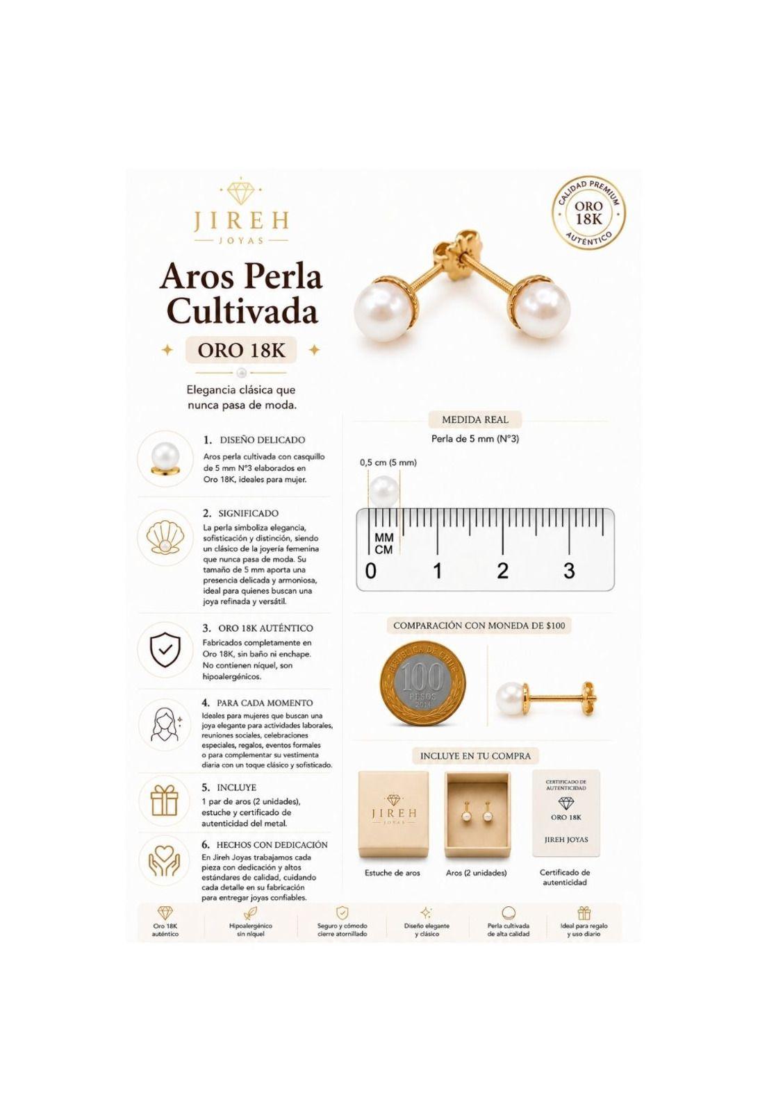 Aros Perla Cultivada Casquillo 5mm N3 Oro 18k 1.40gr Mujer Dorado-3