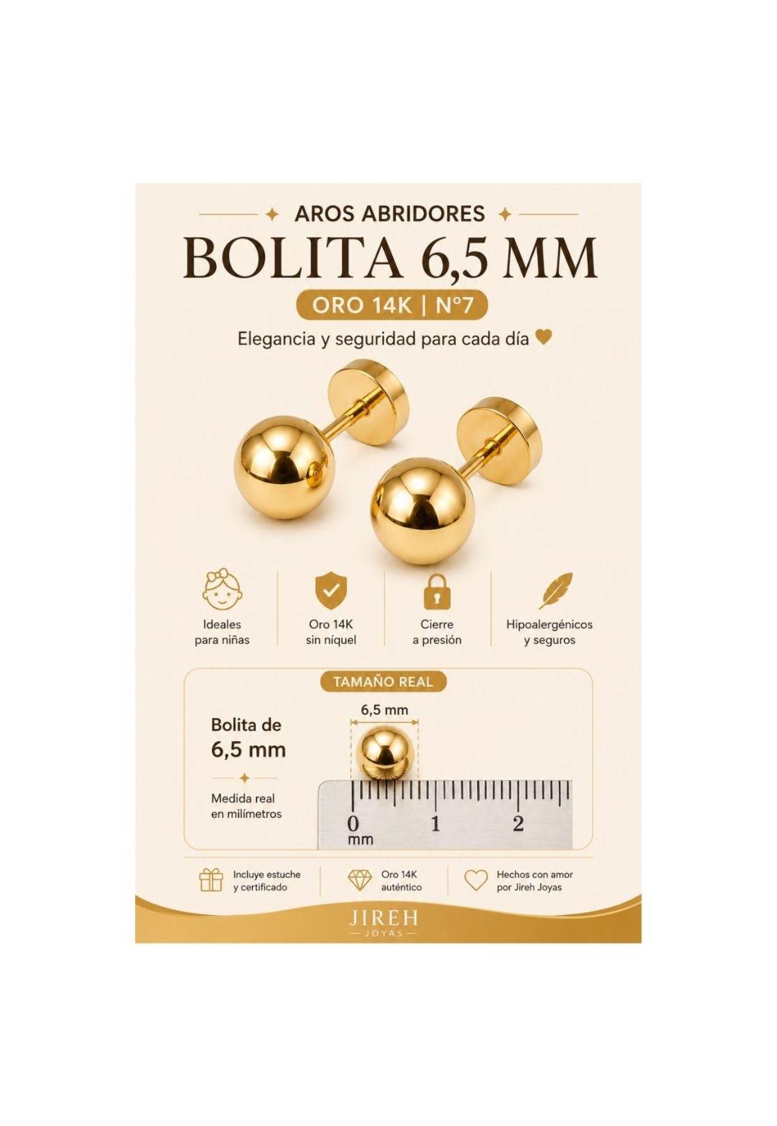 Aros Abridores Bolita 6.5 Mm N7 Oro 14k Niña Hipoalergénicos Dorado-4