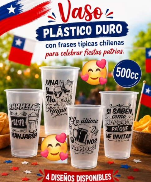 PACK 10 VASOS REUTILIZABLES DIECIOCHEROS FRASES CHILENOS-2