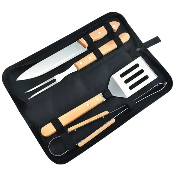 Set Parrillero 4 Piezas Acero Inox Mango Madera Estuche-0