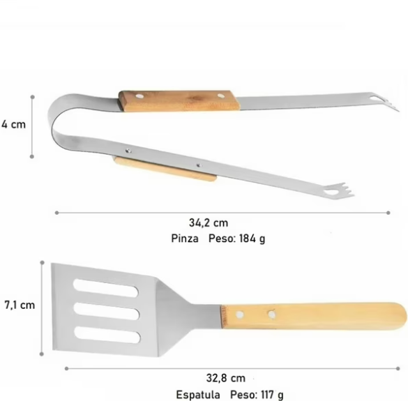 Set Parrillero 4 Piezas Acero Inox Mango Madera Estuche-2