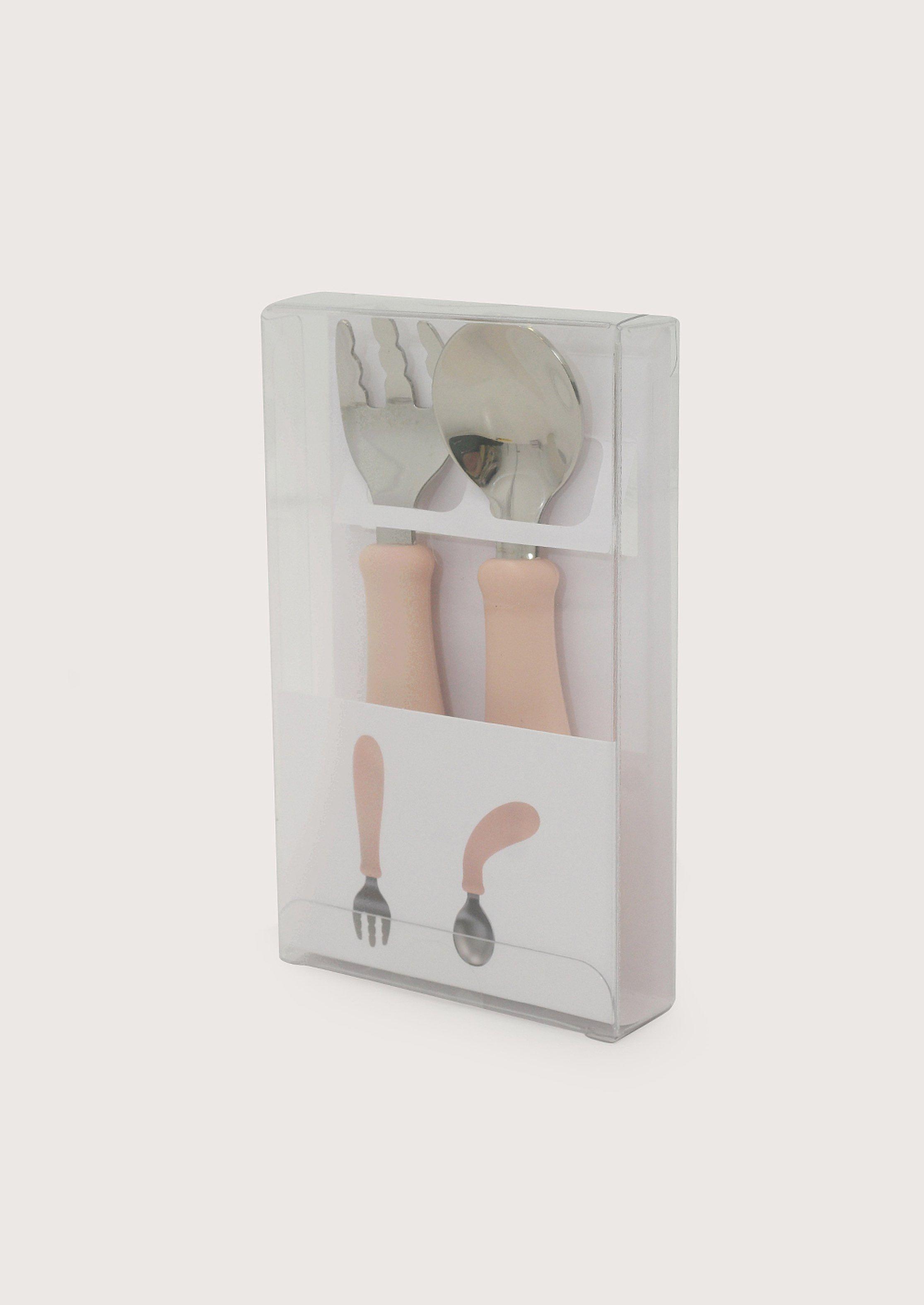 Set cuchara y tenedor acero giratorios rosado-2