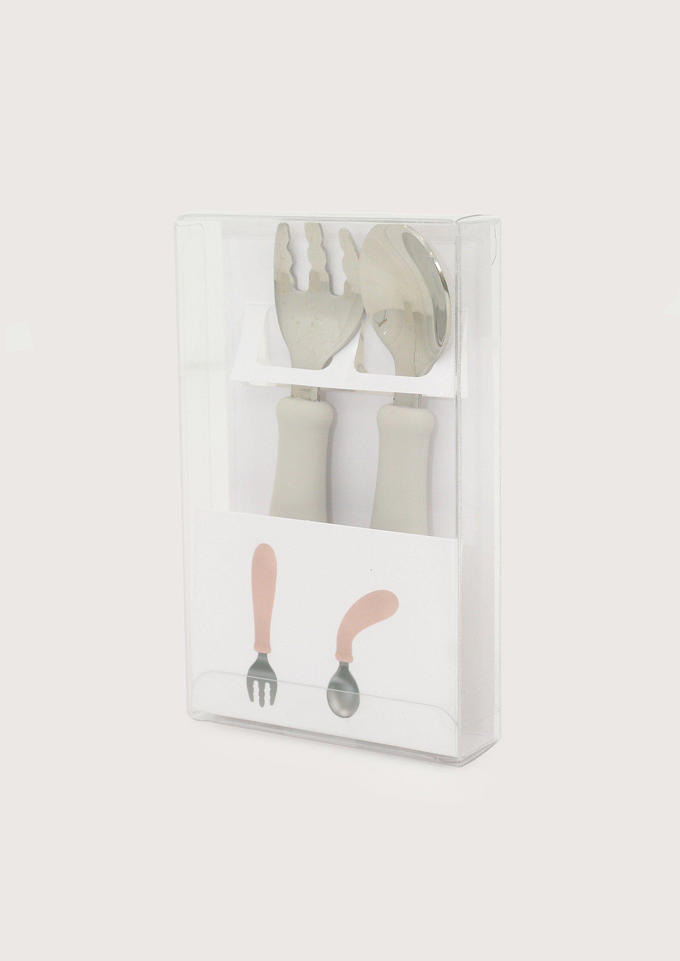 Set cuchara y tenedor silicona acero giratorios gris-2