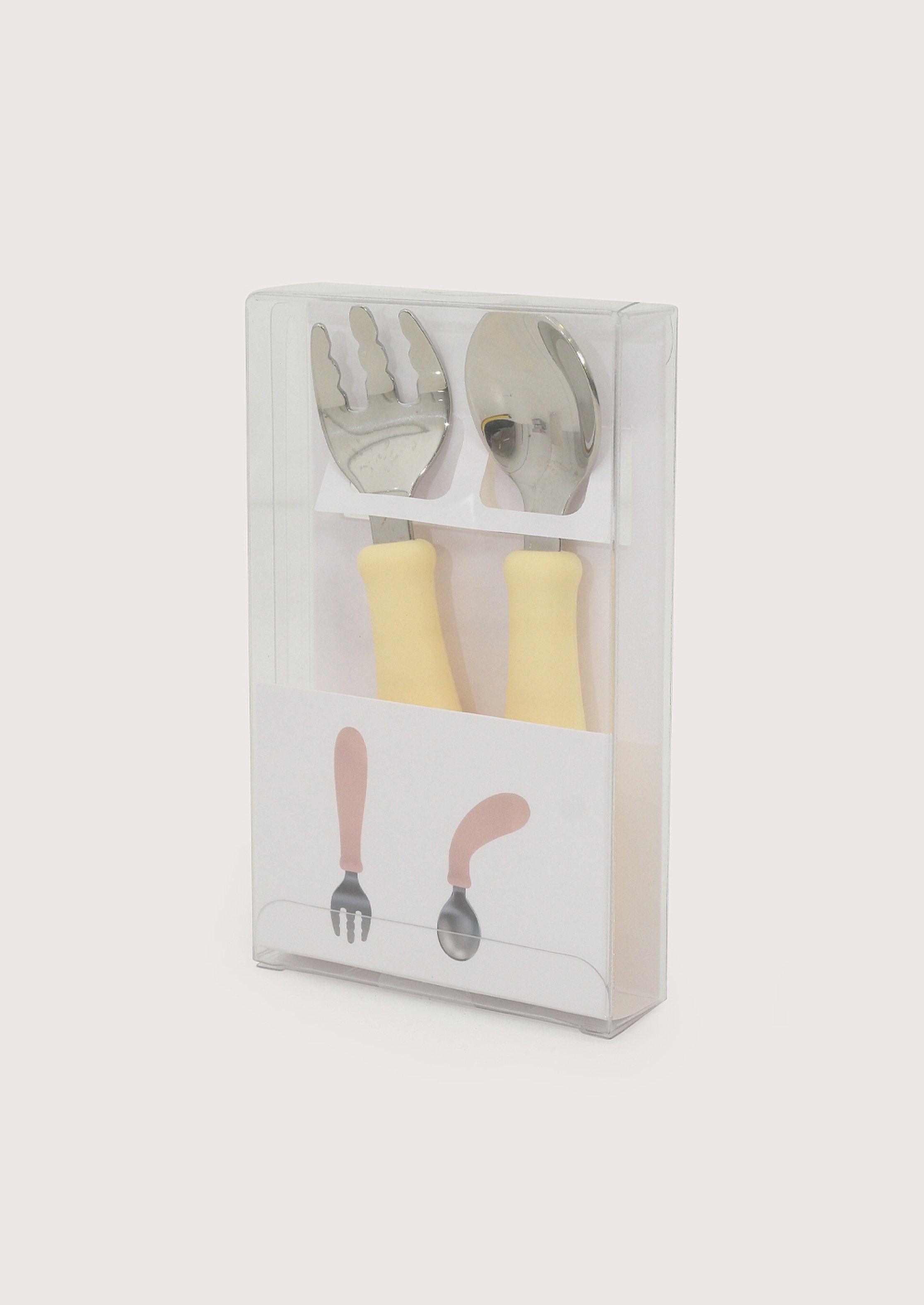 Set cuchara y tenedor silicona acero giratorios amarillo-2