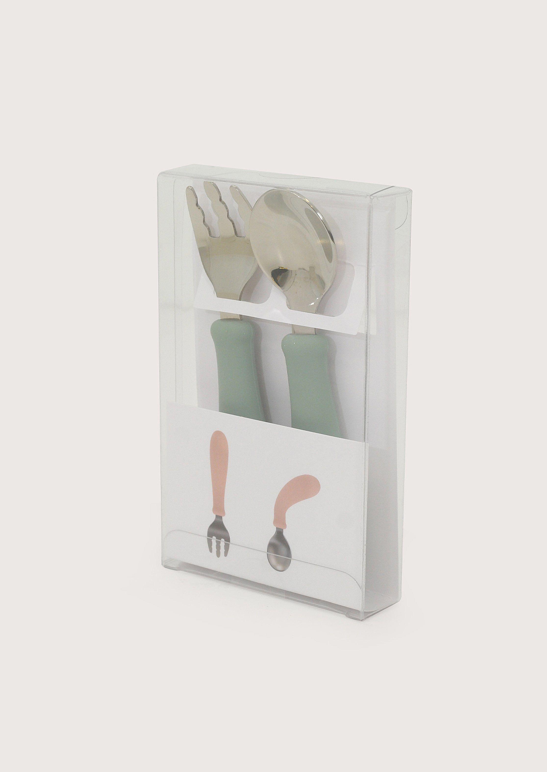 Set cuchara y tenedor silicona acero giratorios verde-2