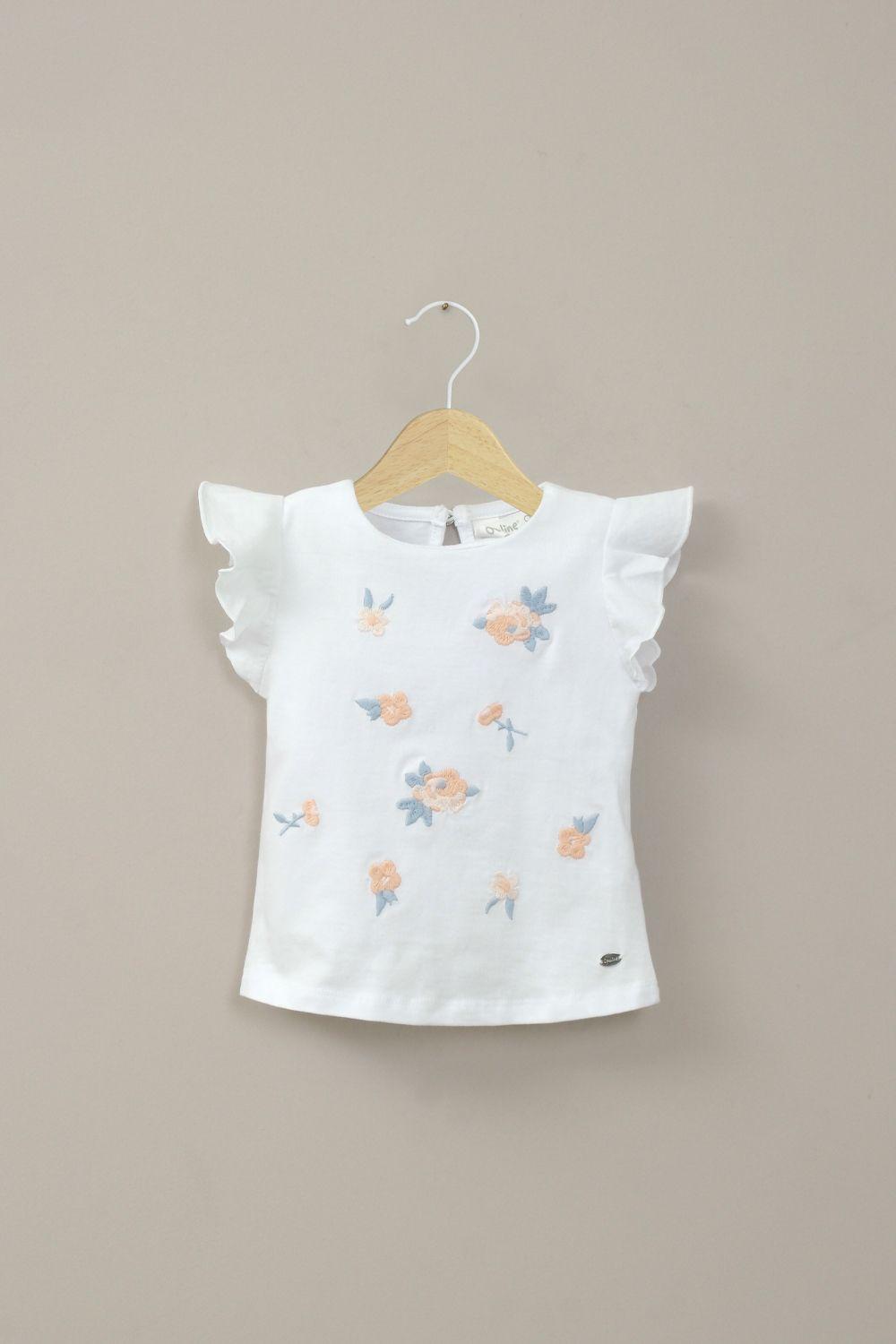 Polera manga corta bordada blanca de niña-0