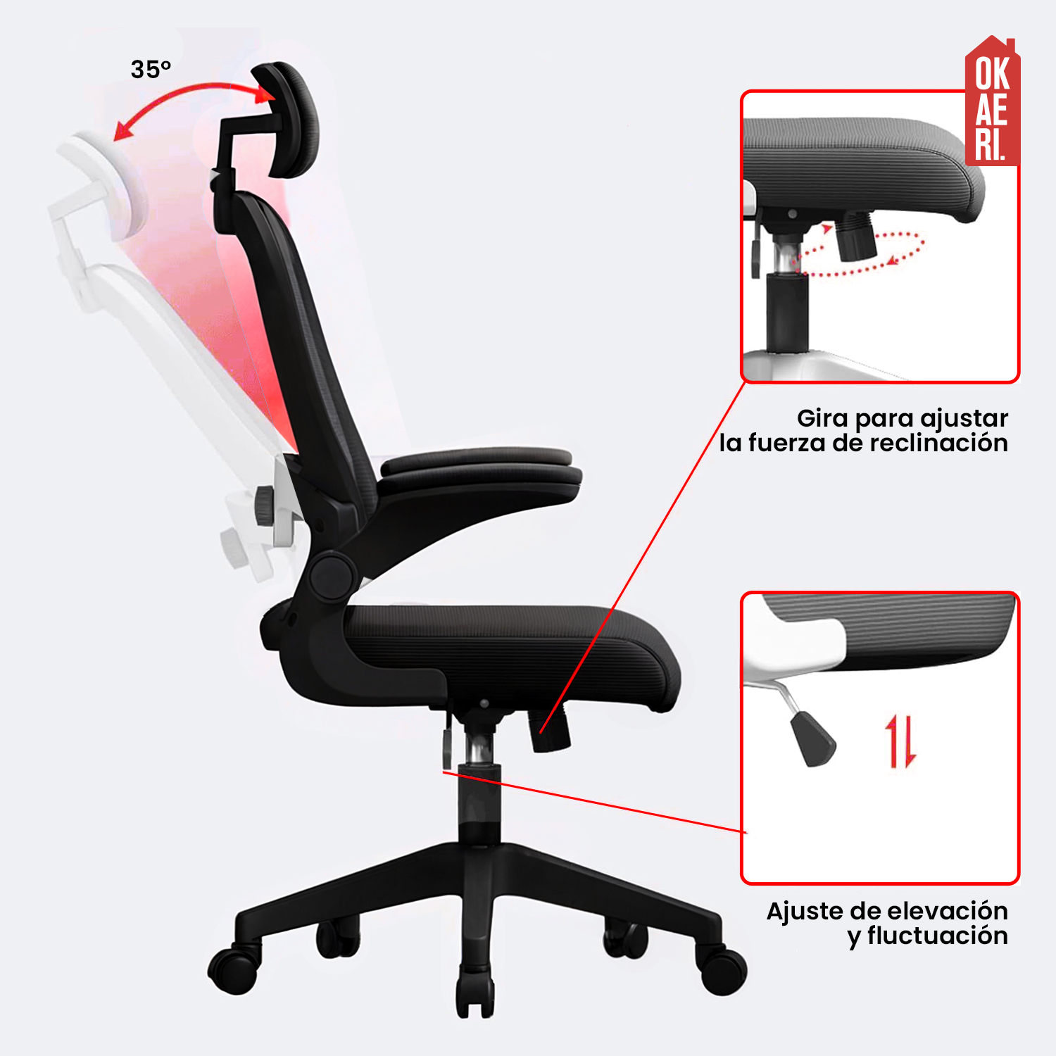 Silla Ergonómica Soporte Lumbar Biónico Reposacabezas OKAERI Ajustable Silla De Escritorio Oficina E-3