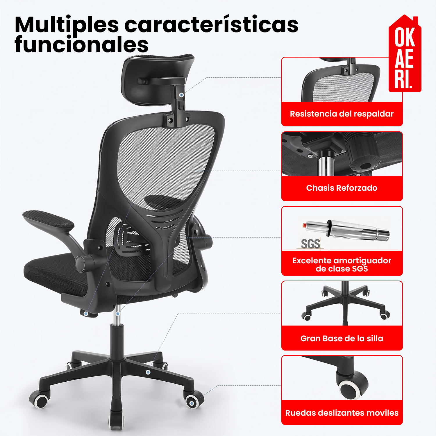 Silla Ergonómica Soporte Lumbar Biónico Reposacabezas OKAERI Ajustable Silla De Escritorio Oficina E-4