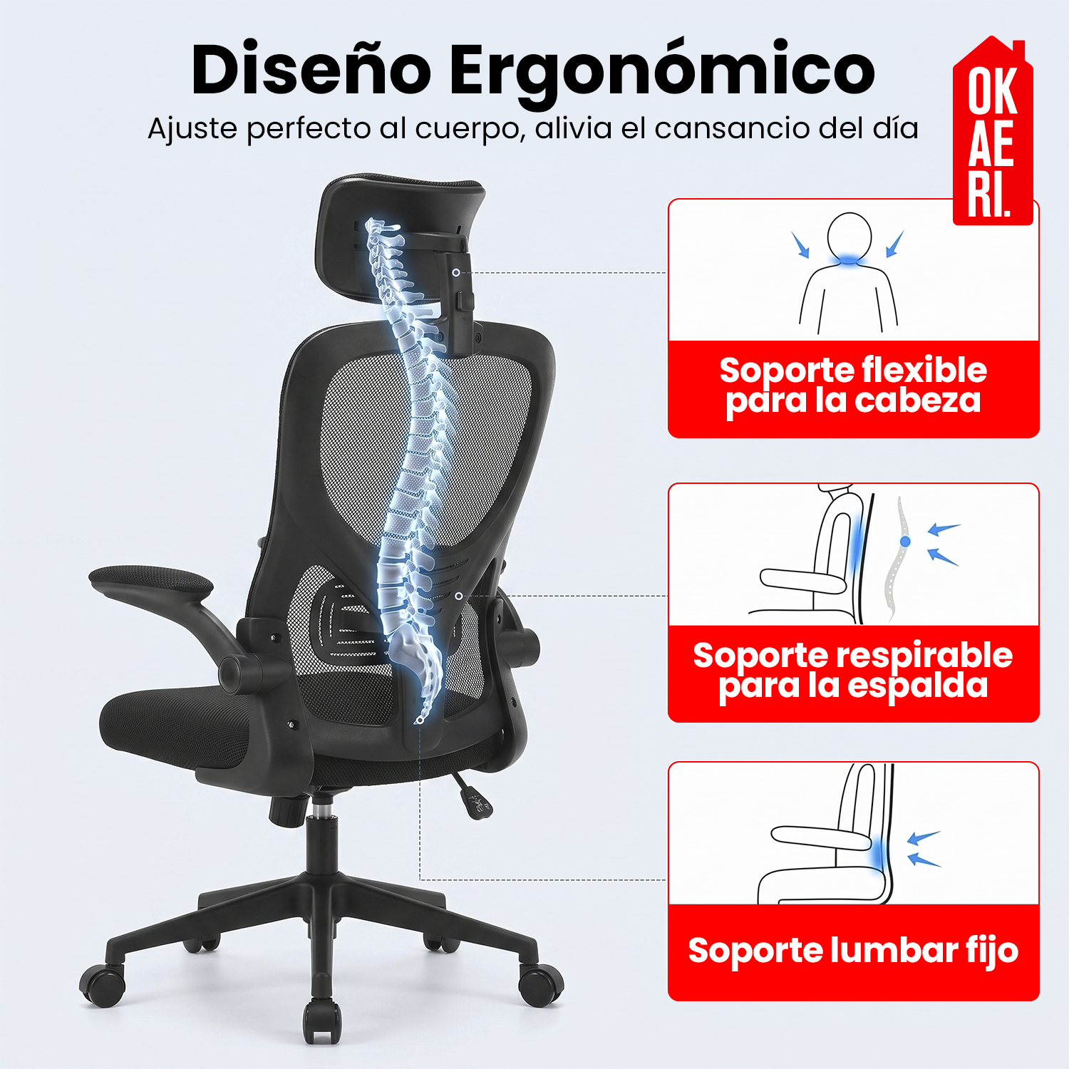 Silla Ergonómica Soporte Lumbar Biónico Reposacabezas OKAERI Ajustable Silla De Escritorio Oficina E-5