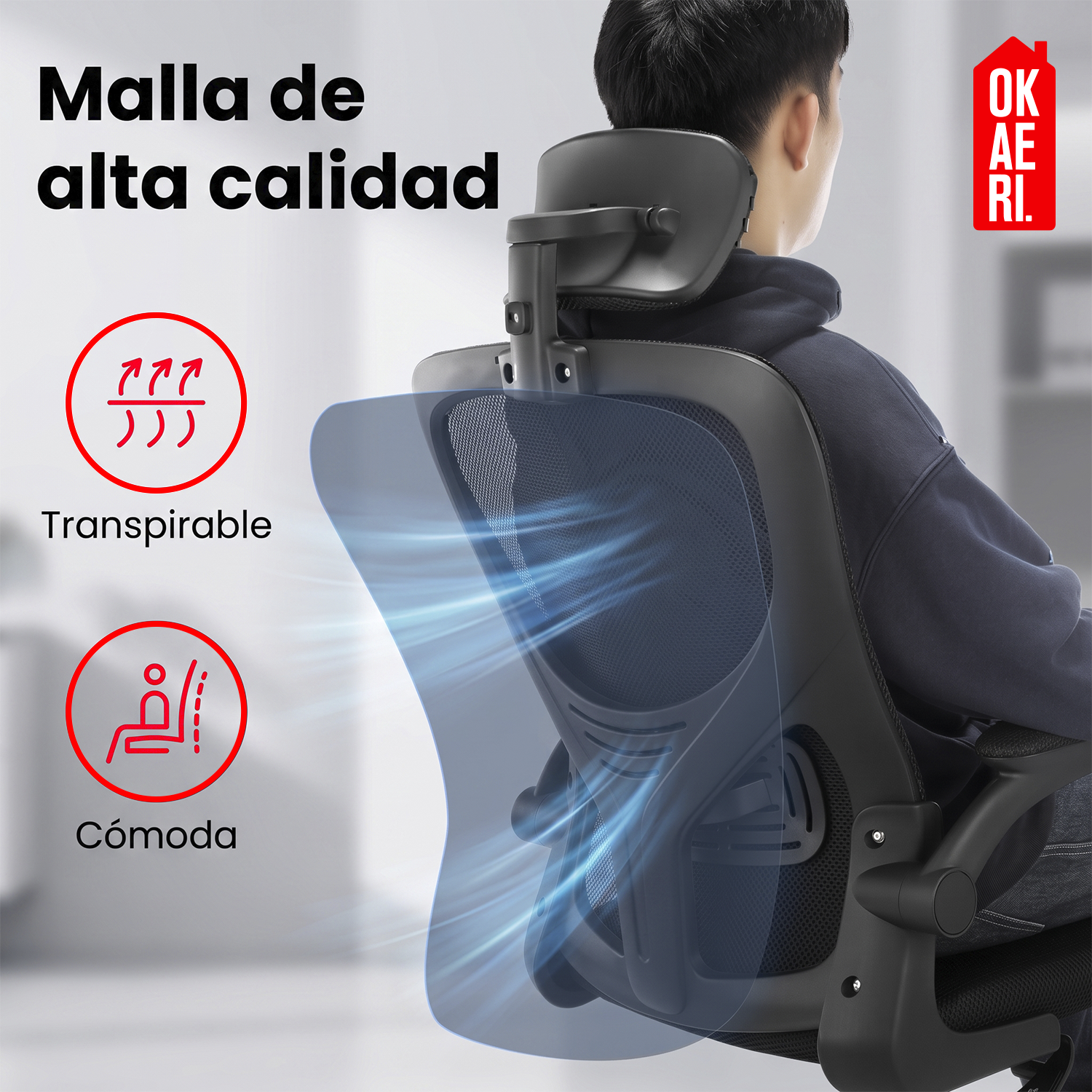 Silla Ergonómica Soporte Lumbar Biónico Reposacabezas OKAERI Ajustable Silla De Escritorio Oficina E-7