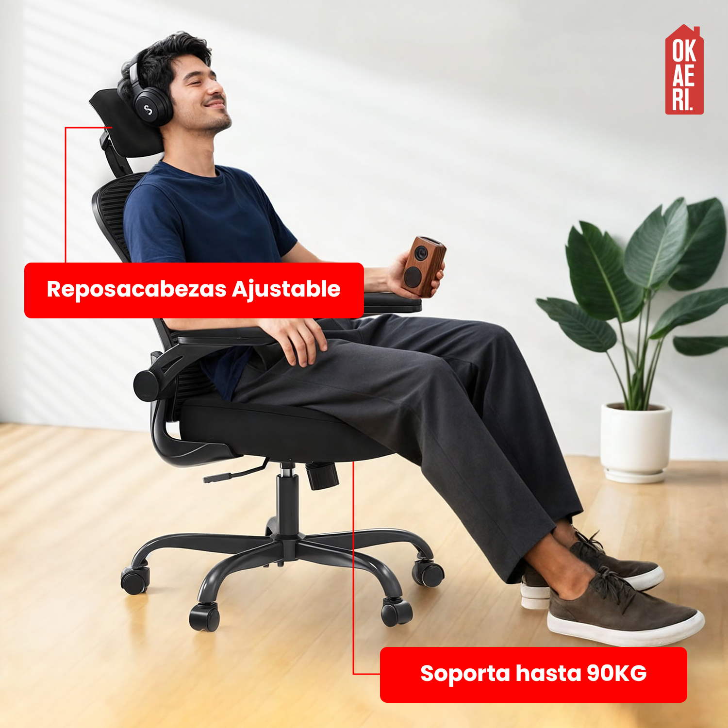 Silla Ergonómica Soporte Lumbar Biónico Reposacabezas OKAERI Ajustable Silla De Escritorio Oficina E-9