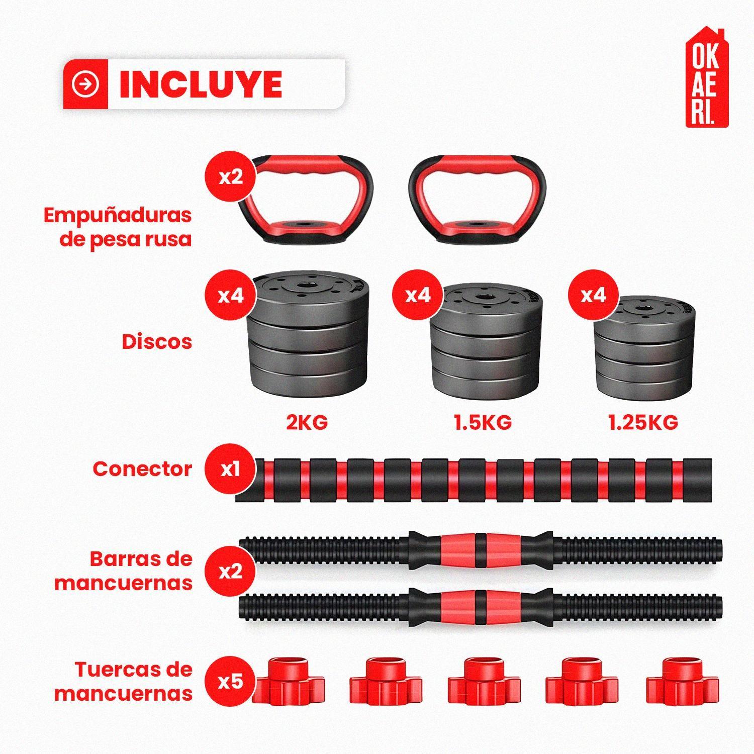 Set Mancuerna ajustable 20kl Pesa Rusa, Barra Extension Marca Okaeri-2