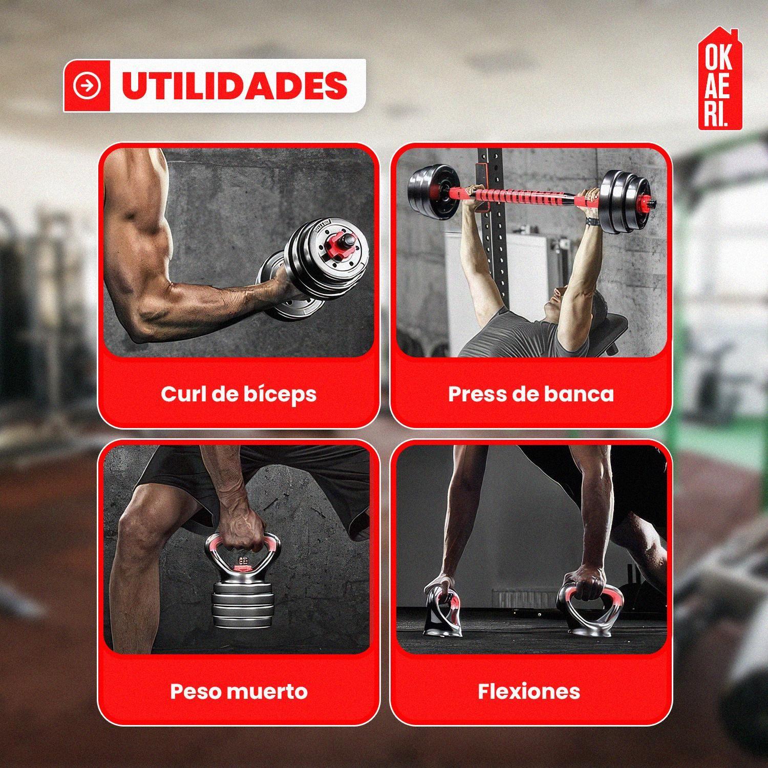 Set Mancuerna ajustable 20kl Pesa Rusa, Barra Extension Marca Okaeri-7