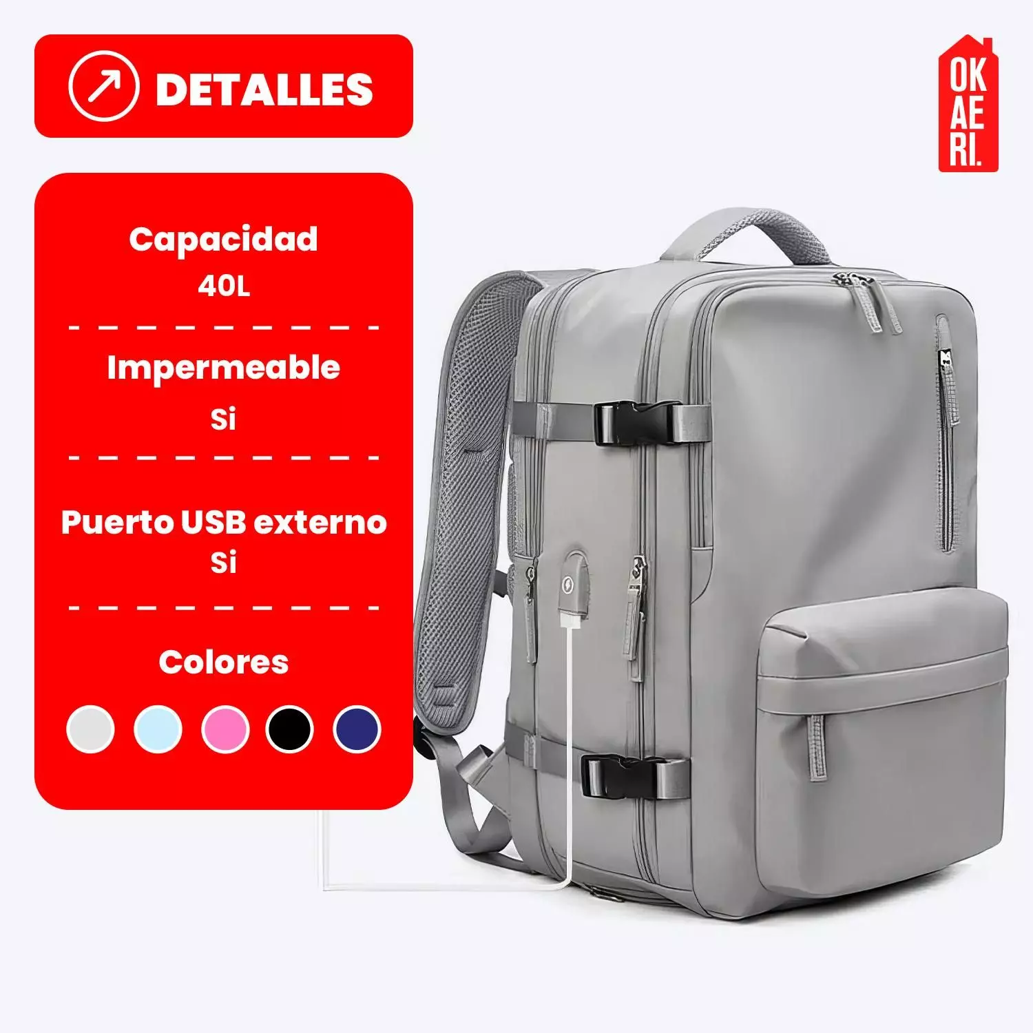 Mochila De Viaje Impermeable Avión Aprobado Capacidad De 40L-1