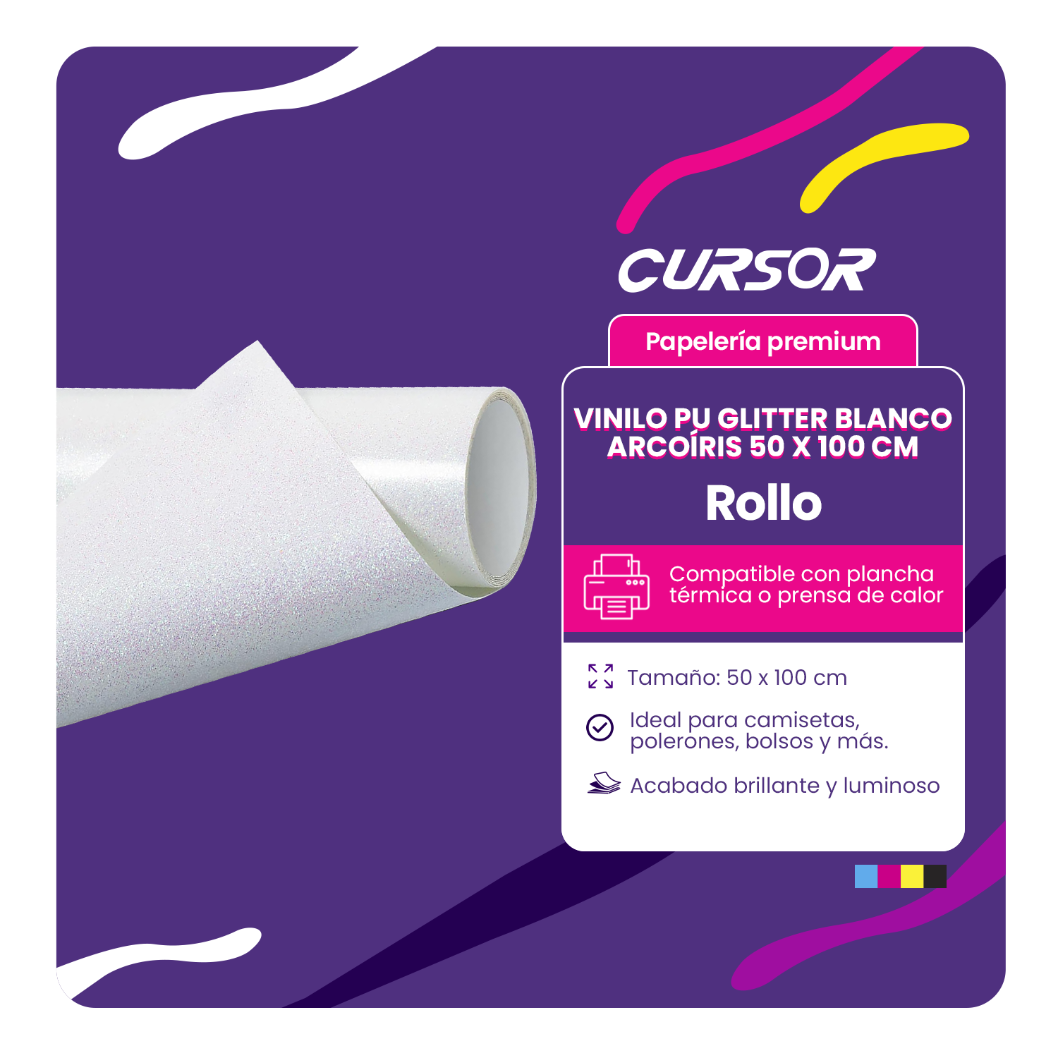 Vinilo Pu Glitter Blanco Arcoiris 50 Cm X 1 Mt Blanco Cursor-2