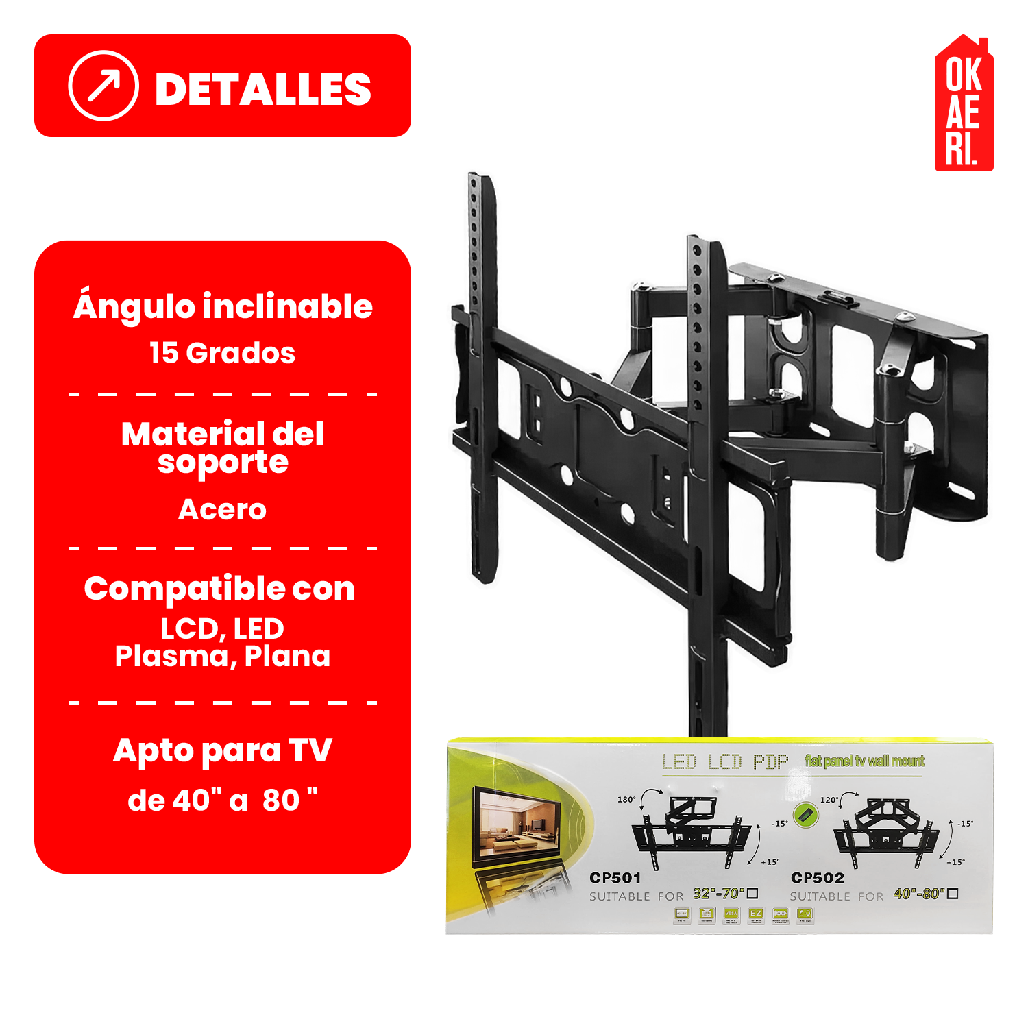 Soporte Tv Brazo Doble 180 Grados 45-80 Pulgadas Extendible Negro-2