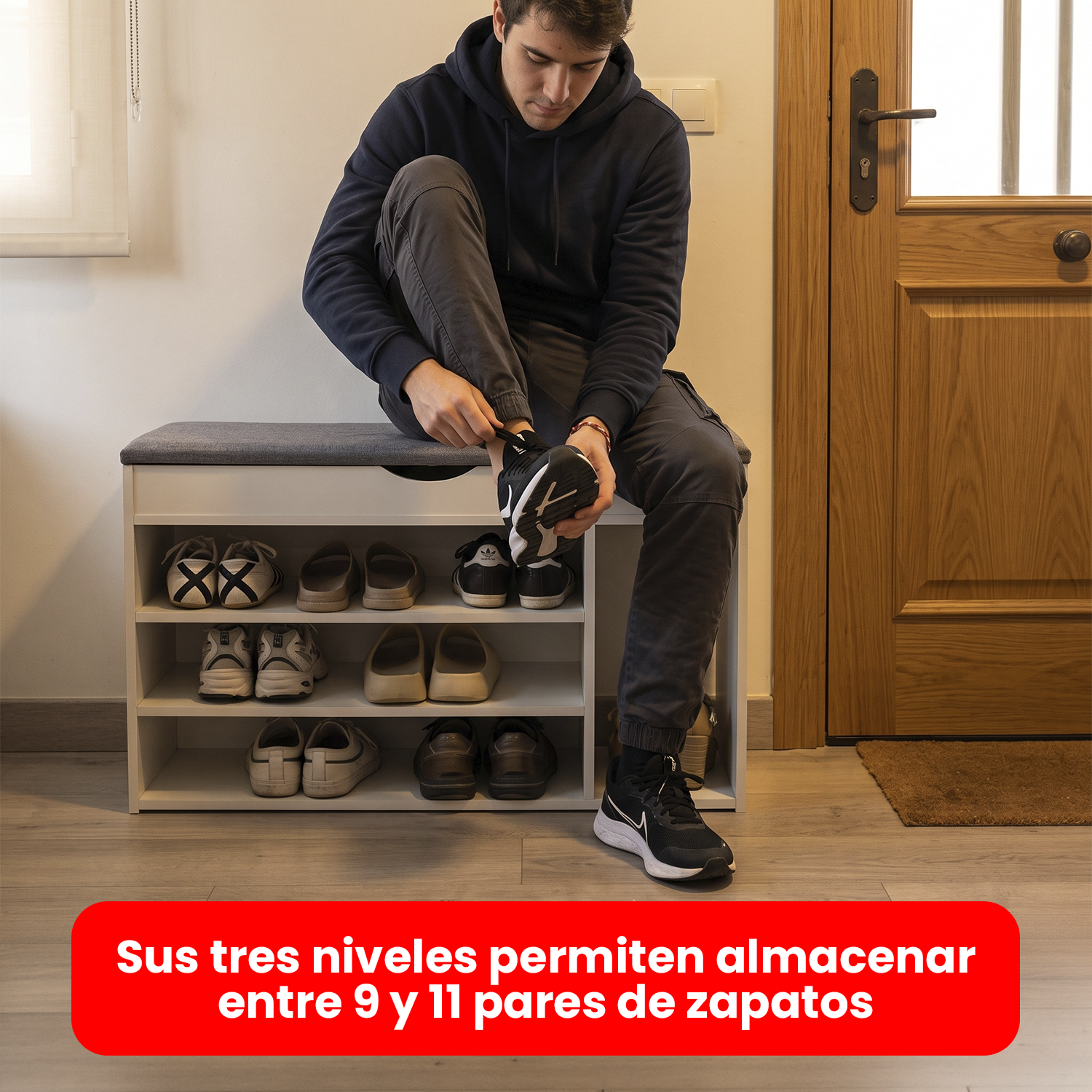 Banco Zapatero Organizador con Asiento MDF Blanco 8-10 Pares-3