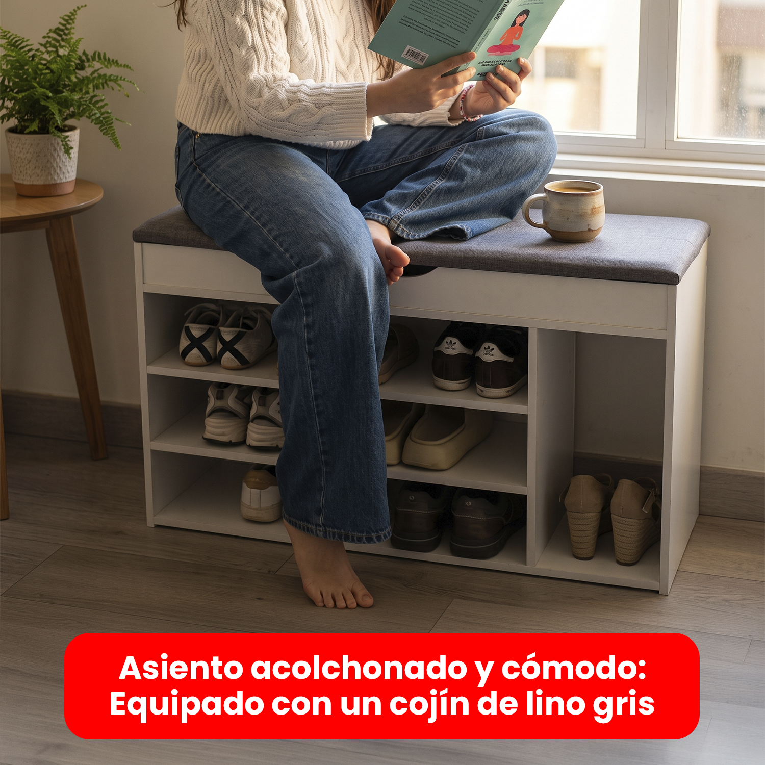 Banco Zapatero Organizador con Asiento MDF Blanco 8-10 Pares-4