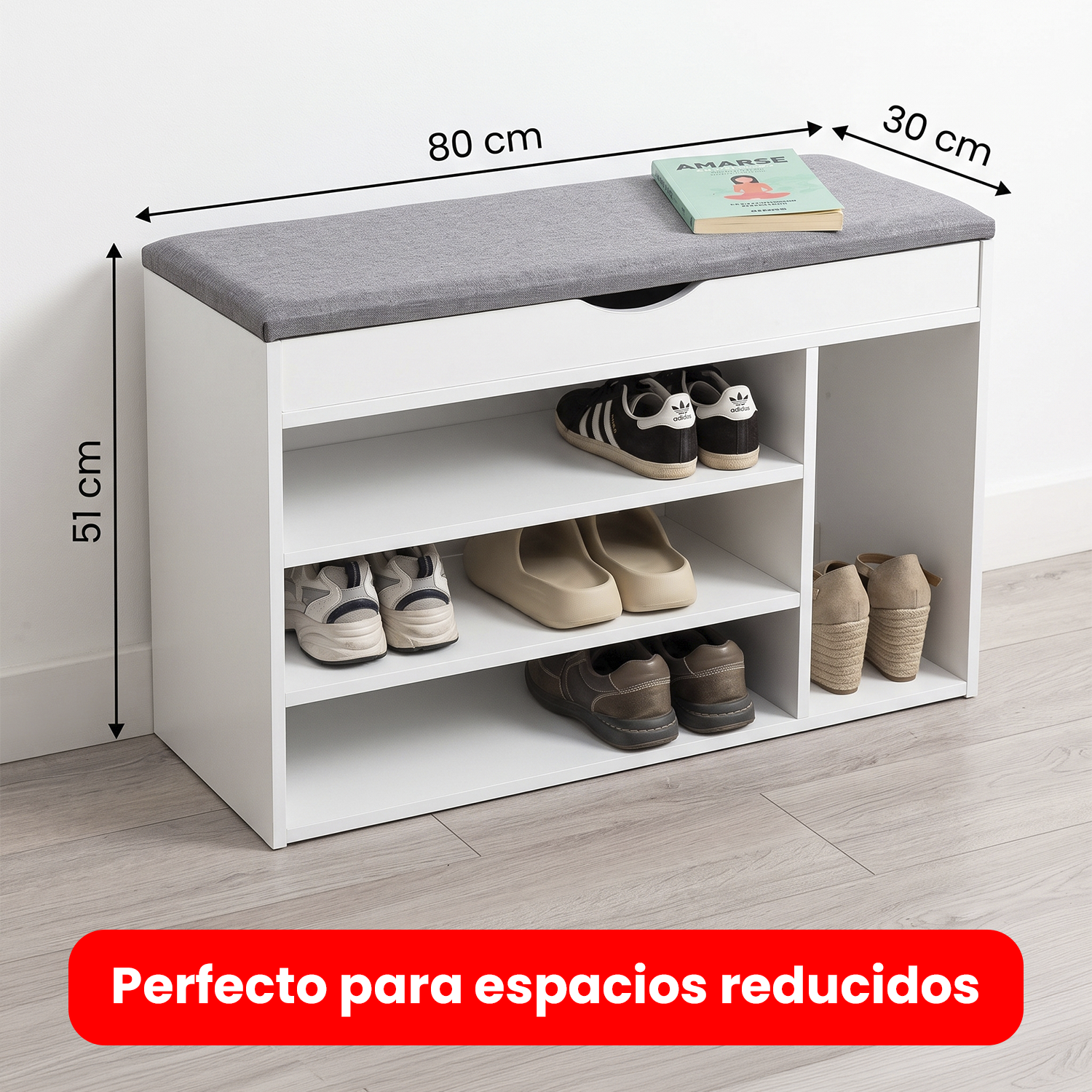 Banco Zapatero Organizador con Asiento MDF Blanco 8-10 Pares-5