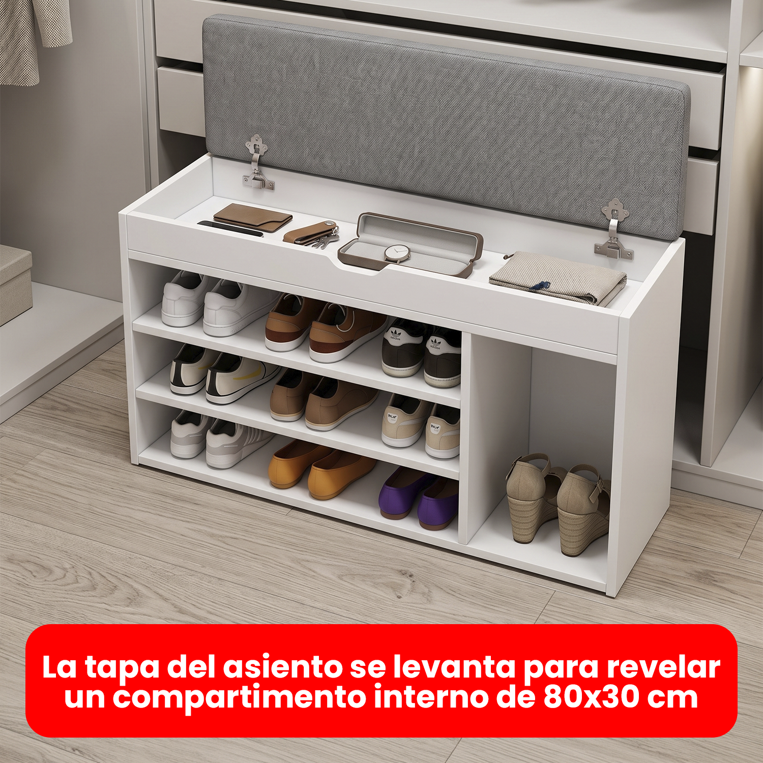 Banco Zapatero Organizador con Asiento MDF Blanco 8-10 Pares-6