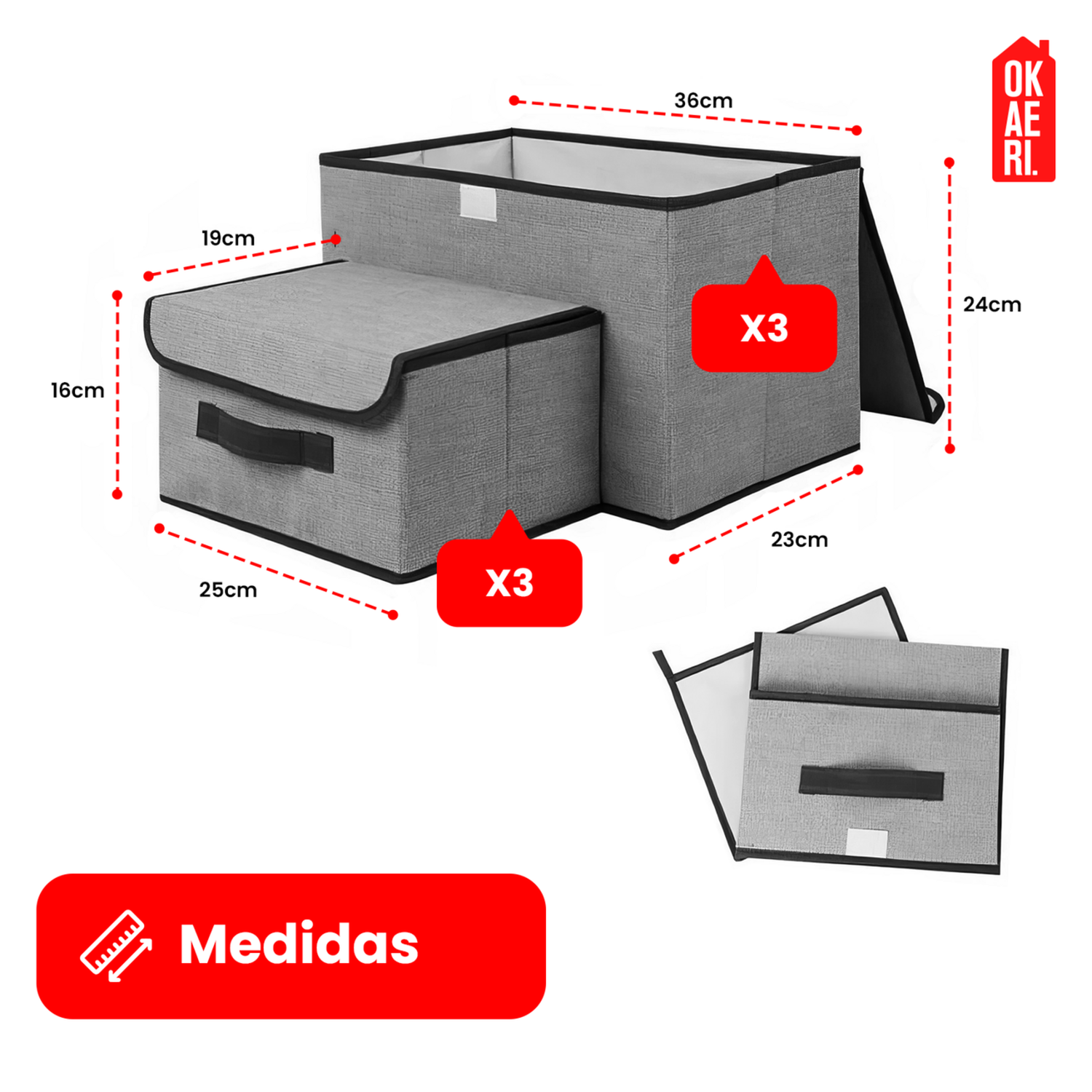 6 Cajas Organizadoras C/tapa Okaeri Tela Almacenamiento Gris-2