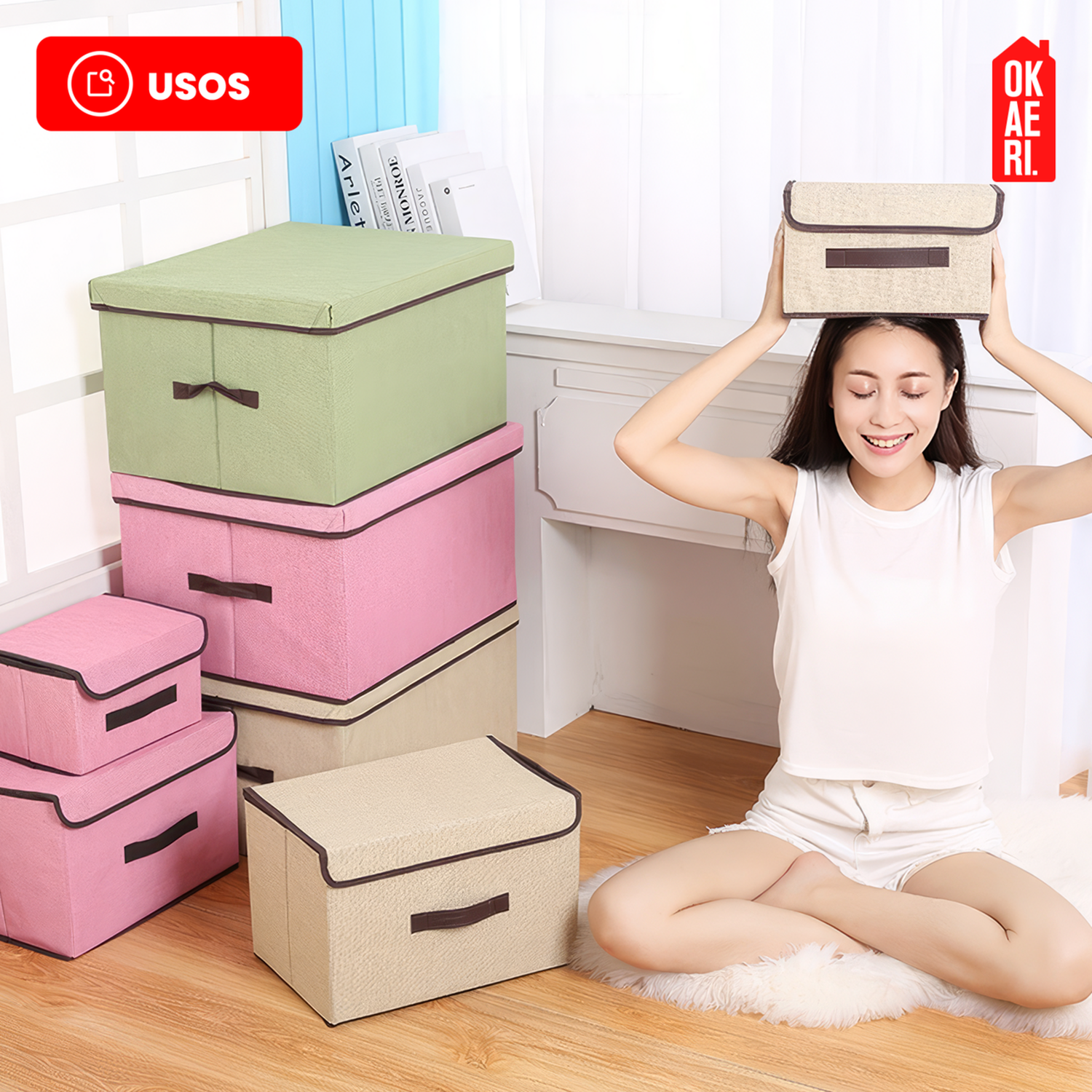 6 Cajas Organizadoras C/tapa Okaeri Tela Almacenamiento Gris-7
