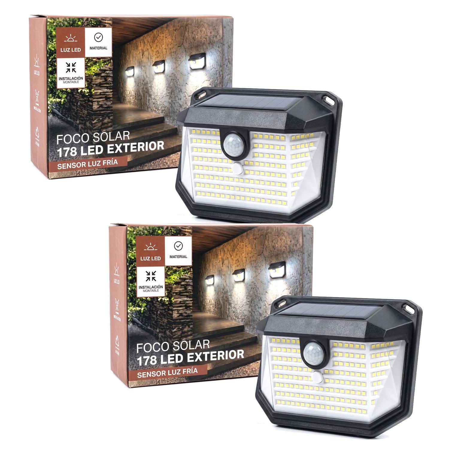 Pack X2 Foco Solar Con Sensor Para Exteriores 178 Led - Luz Blanca Negro-1
