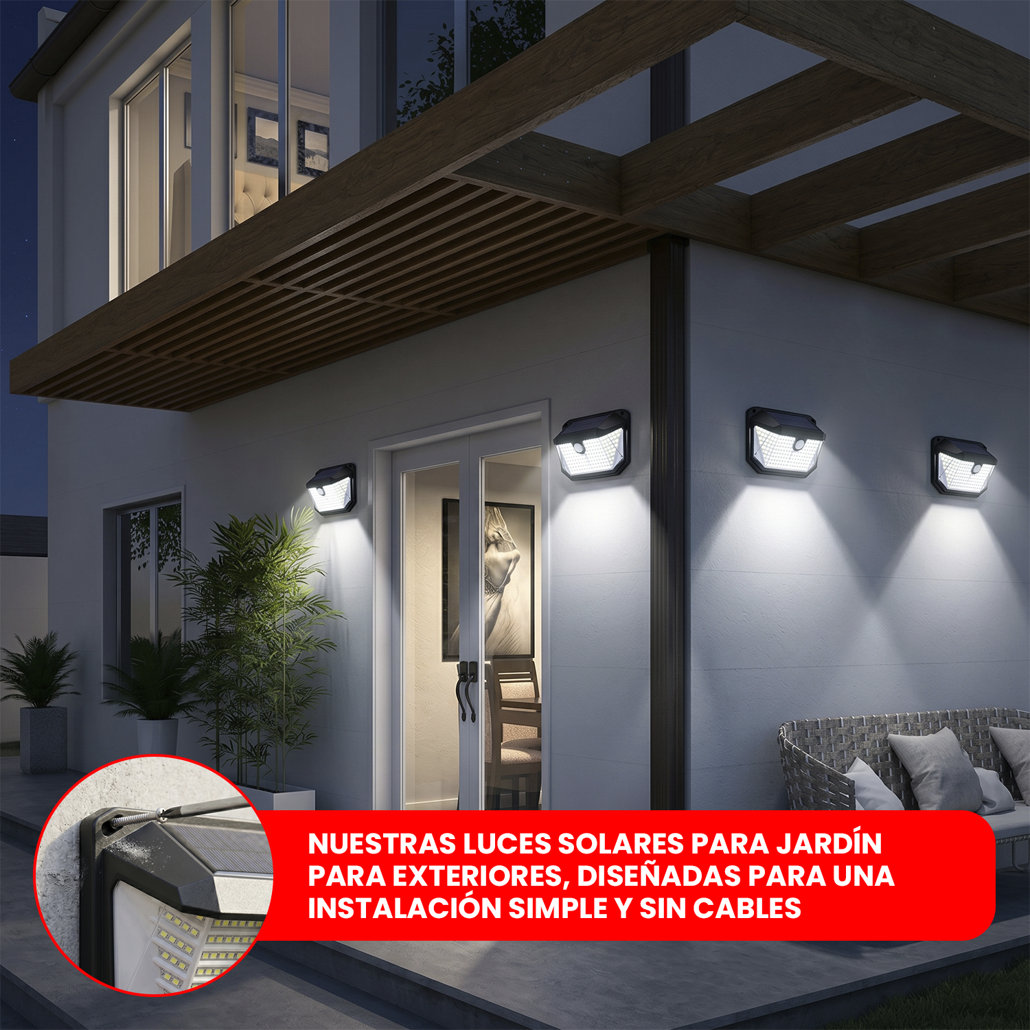 Foco solar de pared para exteriores de 178 LED con sensor y luz blanca fría-3