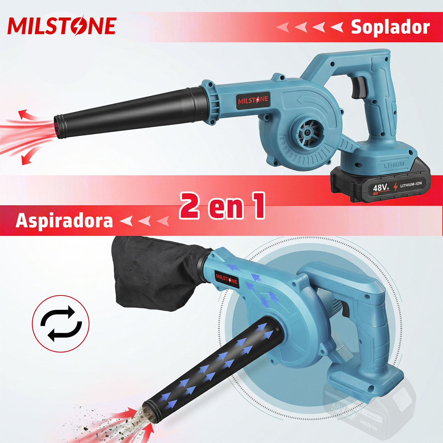 SOPLADORA INALÁMBRICA / ASPIRADORA 2 EN 1 48V TURQUESA MILSTONE-7