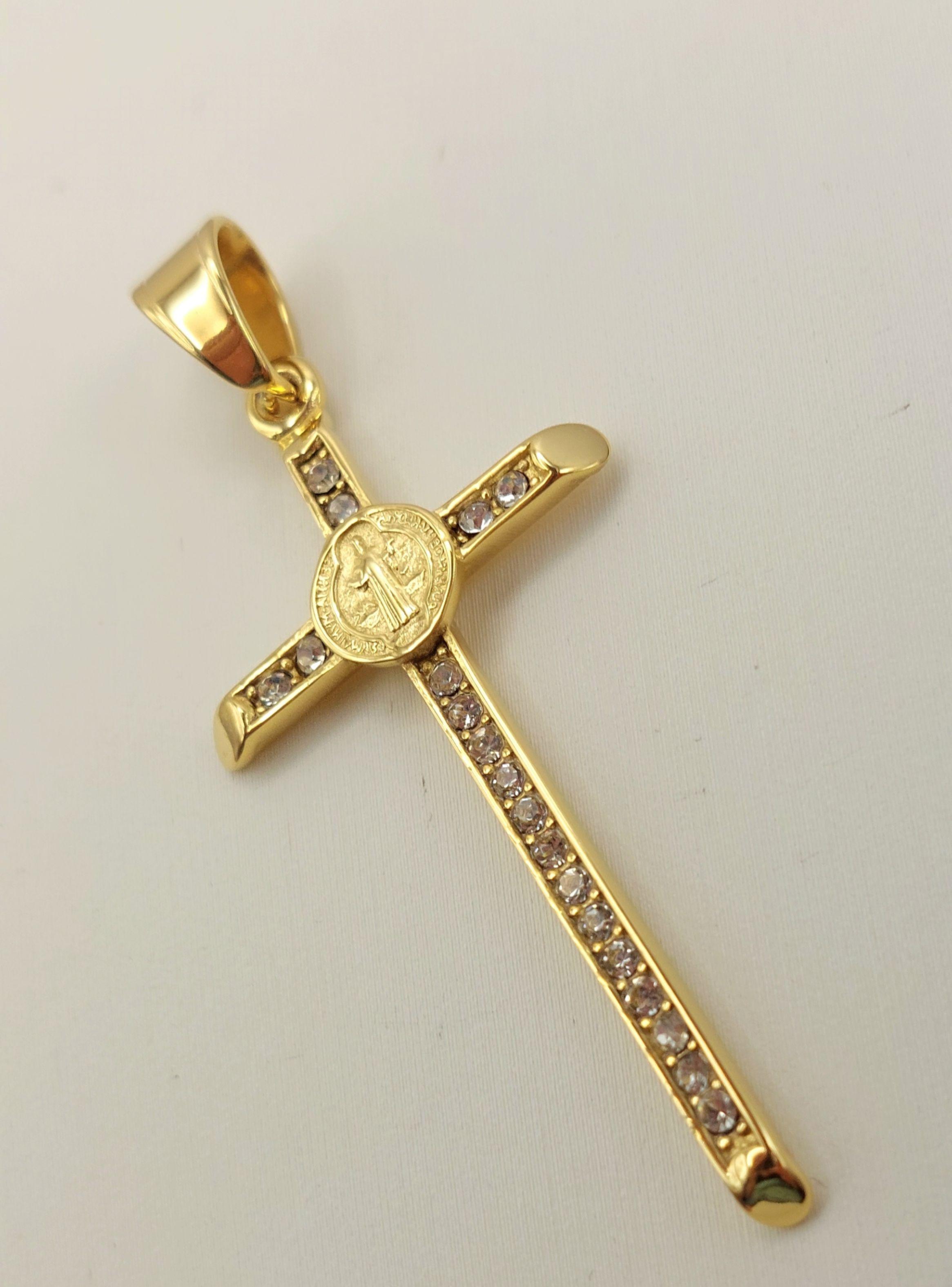 Cruz de Protección San Benito de Oro Laminado con Brillantes -6