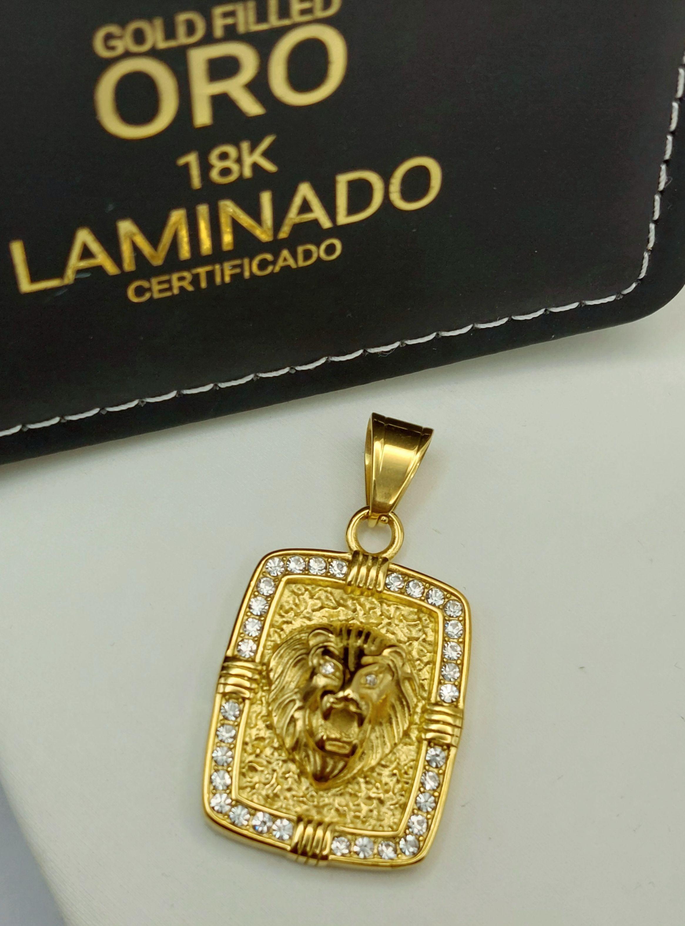 Colgante Oro Laminado de Placa con Rostro Candado León con Brillantes-2