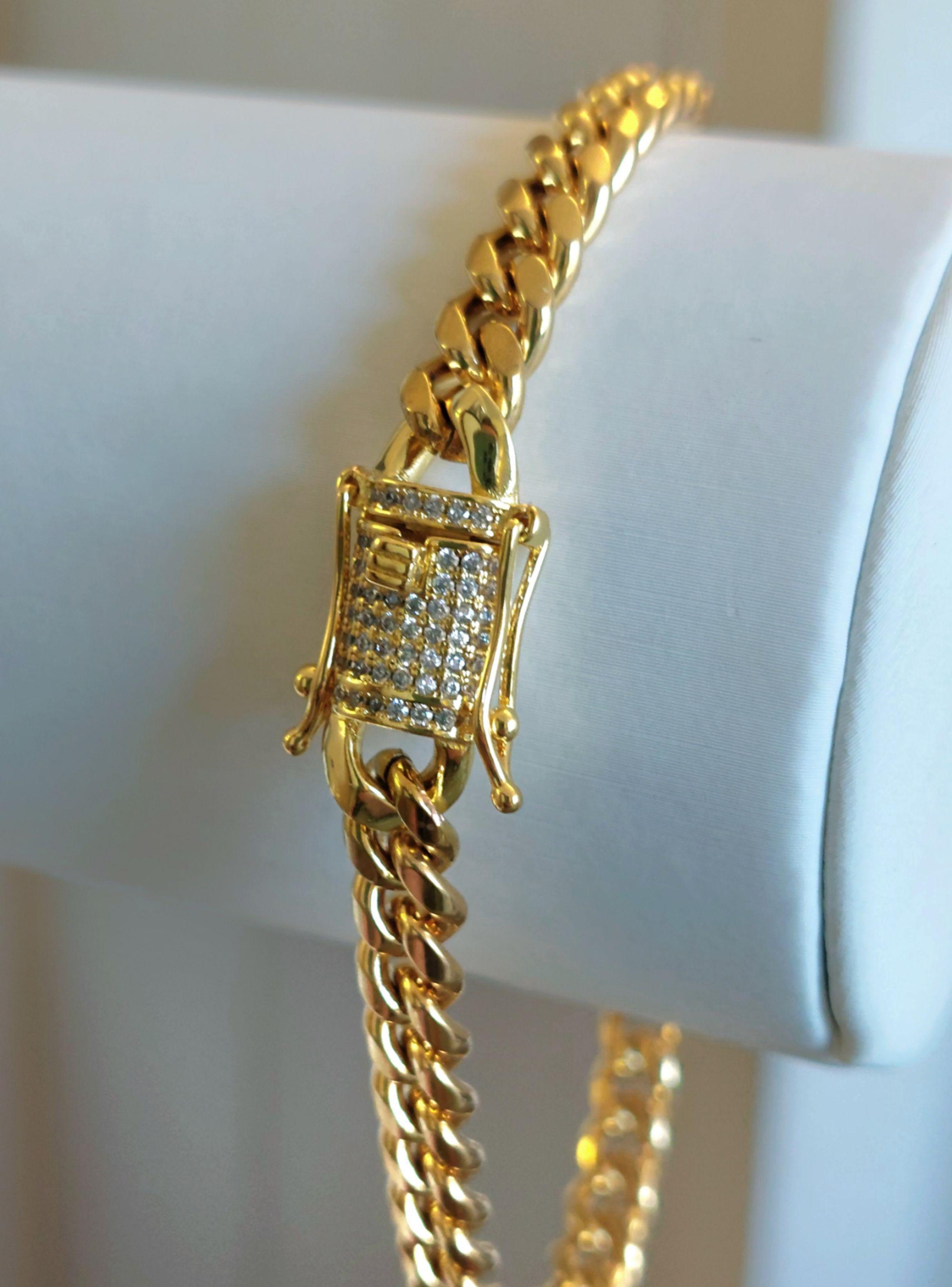 Pulsera ORO Laminado 18k Tejido Cubana Broche Cajón con Brillantes -3