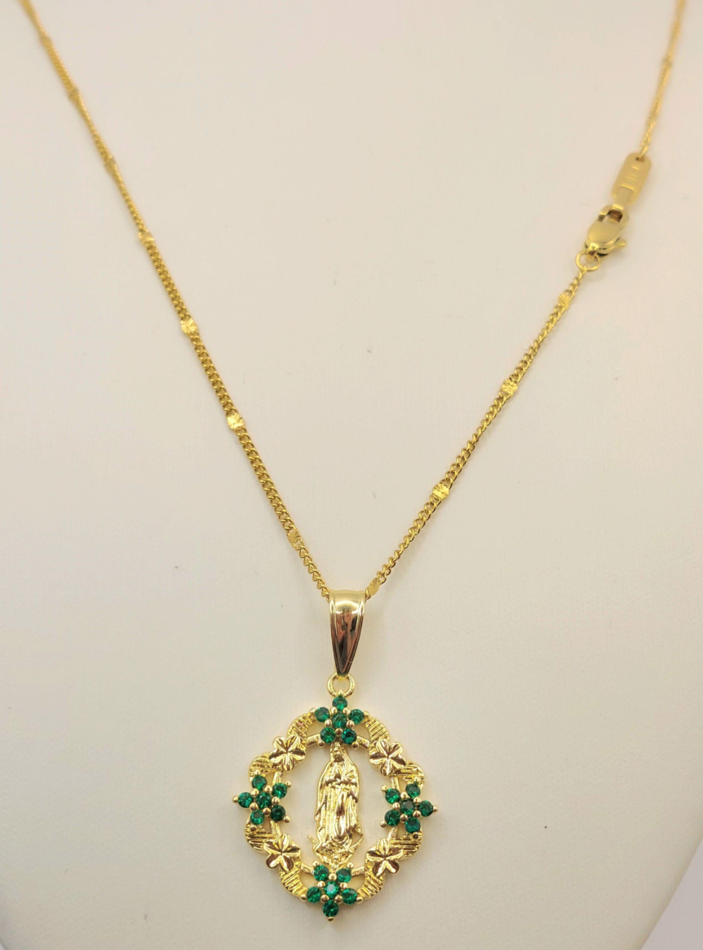  Cadena Oro Laminado 18K Virgen de Guadalupe con Esmeraldas -3