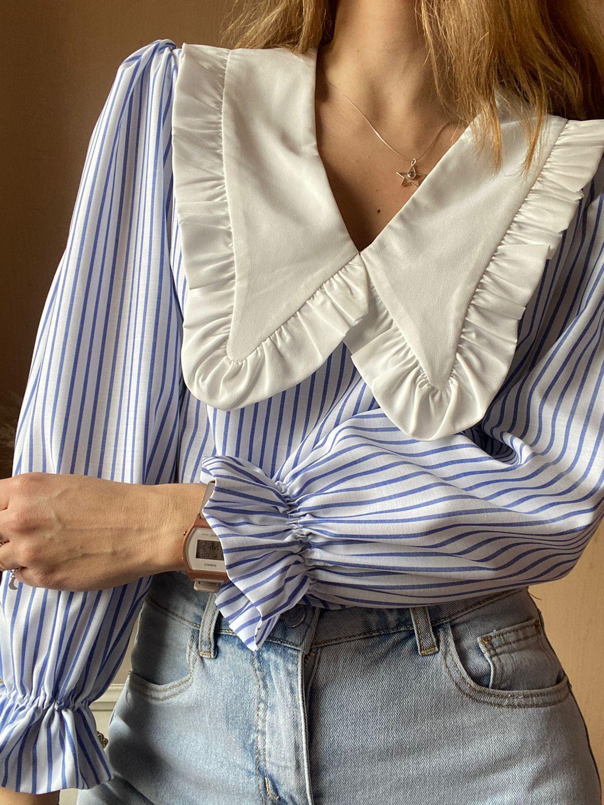 Blusa Cuello Bobo manga larga rayas celeste Mujer-1
