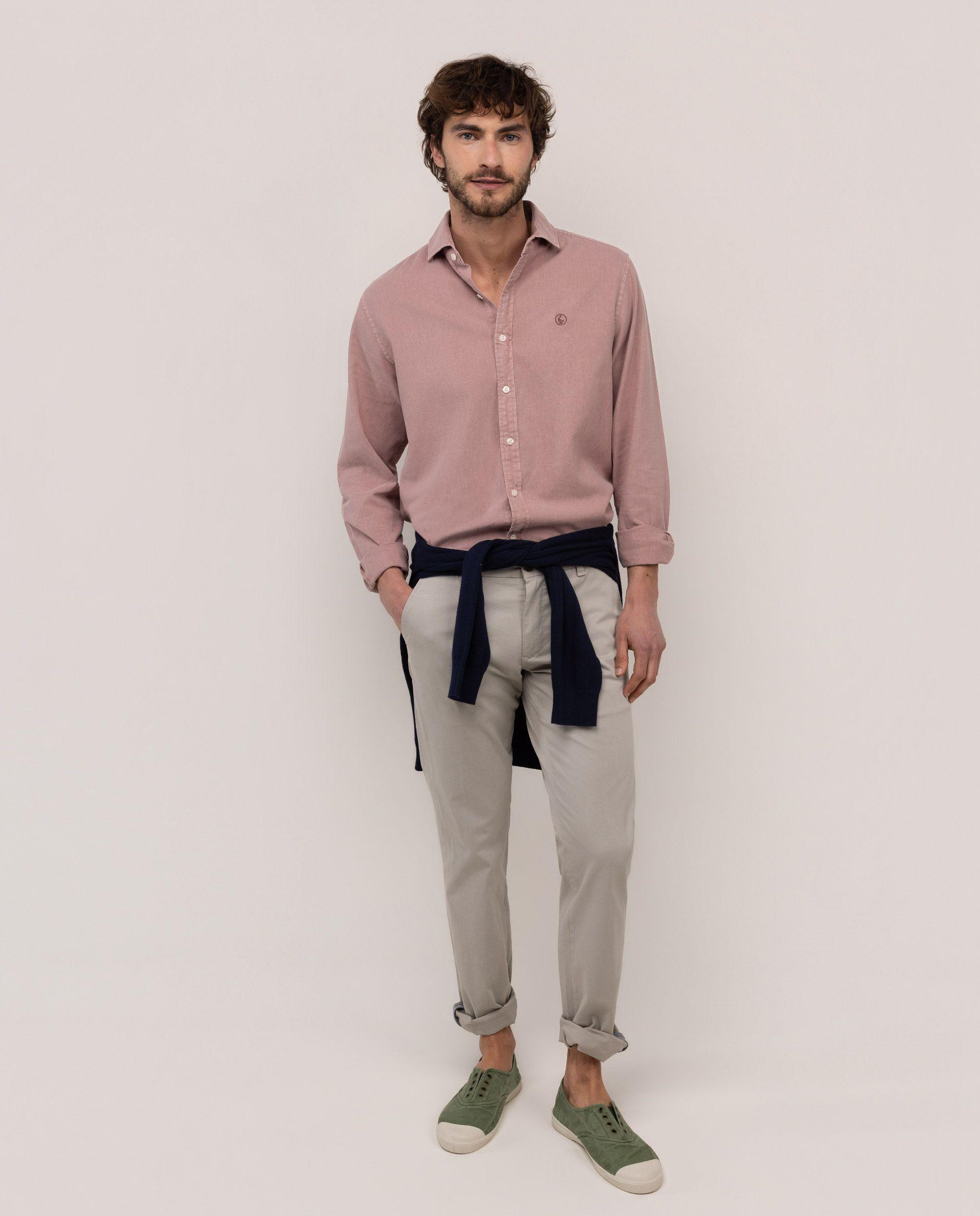 Camisa Cuello Italiano Algodón Lino Rosa HOMBRE PV 26-1