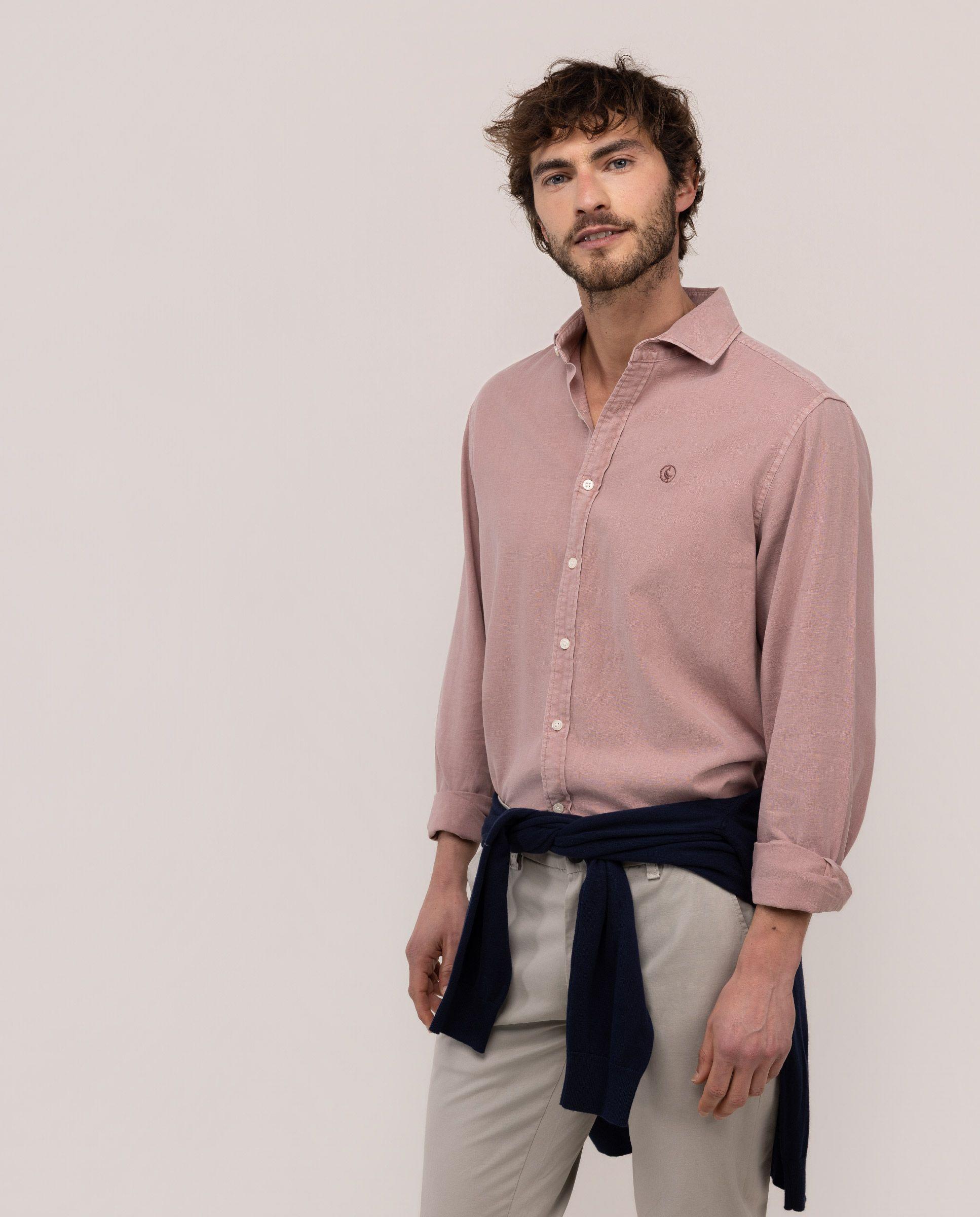 Camisa Cuello Italiano Algodón Lino Rosa HOMBRE PV 26-2