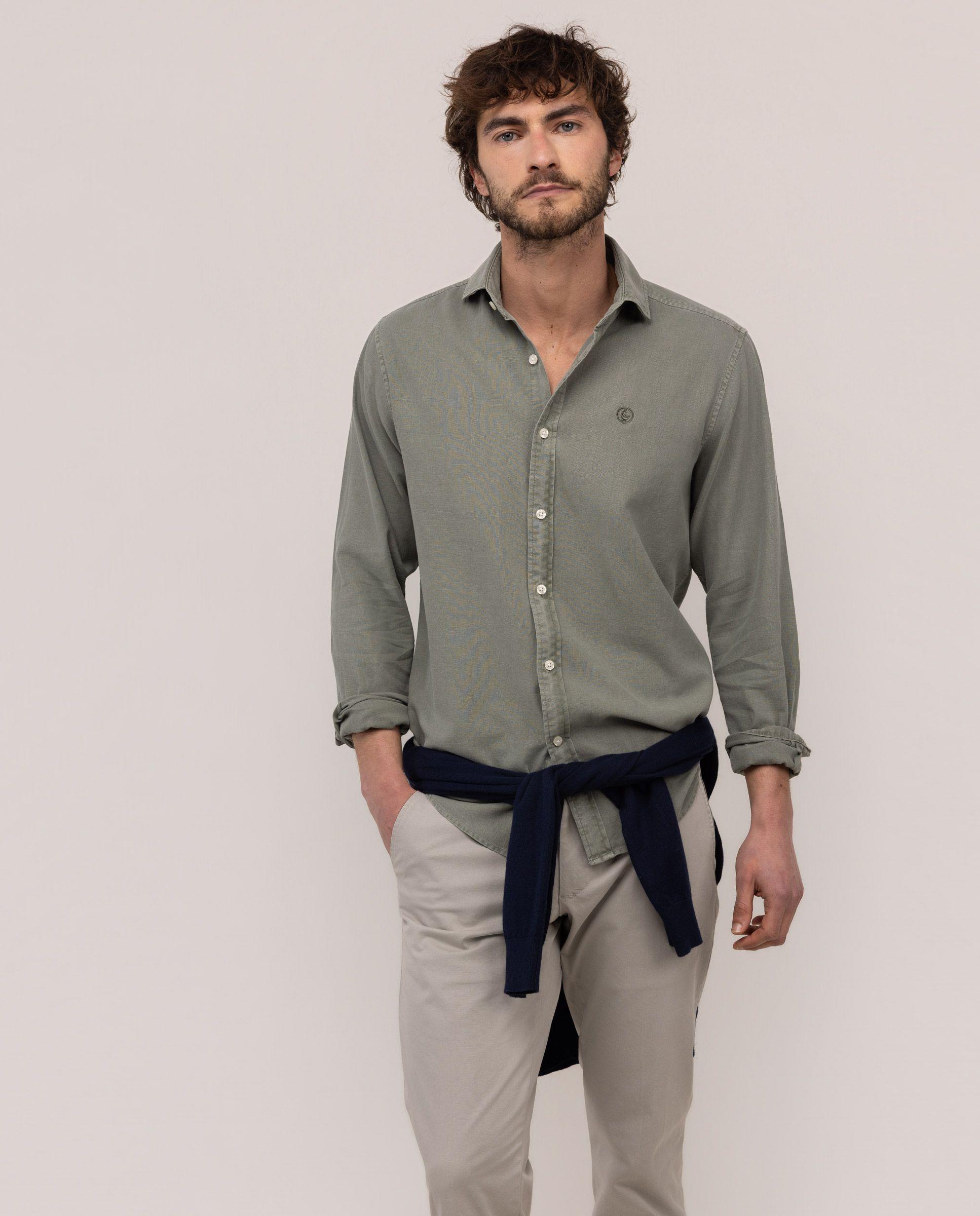 Camisa Cuello Italiano Algodón Lino Verde HOMBRE PV 26-0