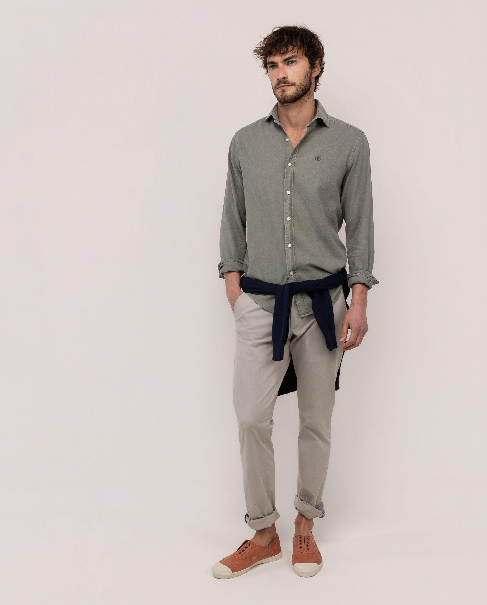 Camisa Cuello Italiano Algodón Lino Verde HOMBRE PV 26-1